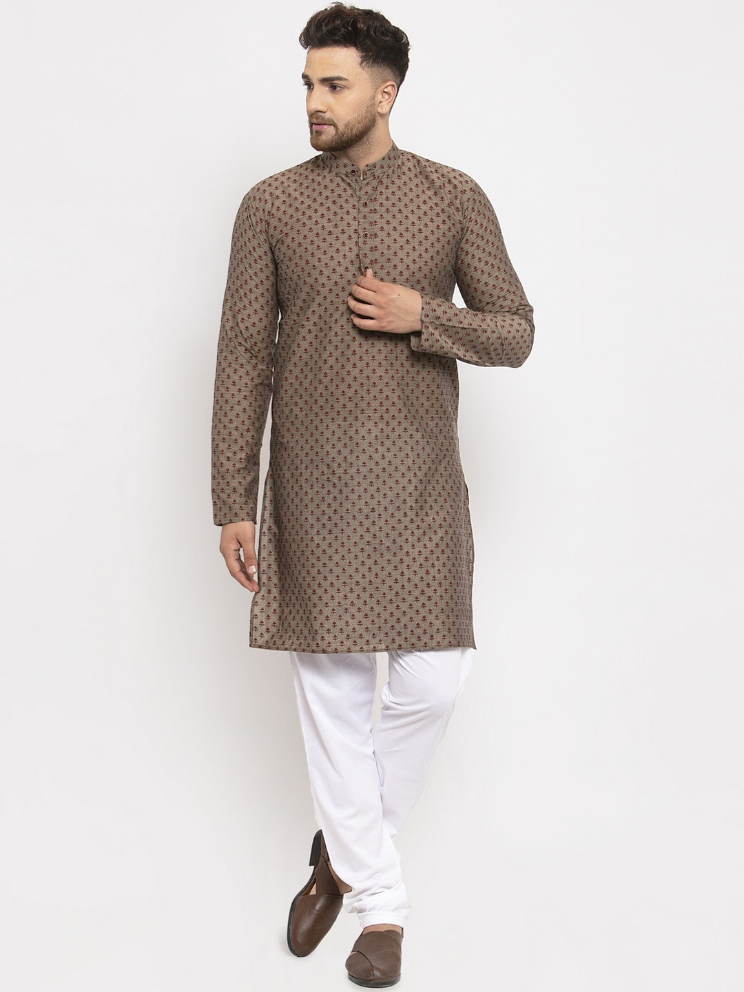 Jompers Men Brown & Maroon Printed Kurta with Churidar
