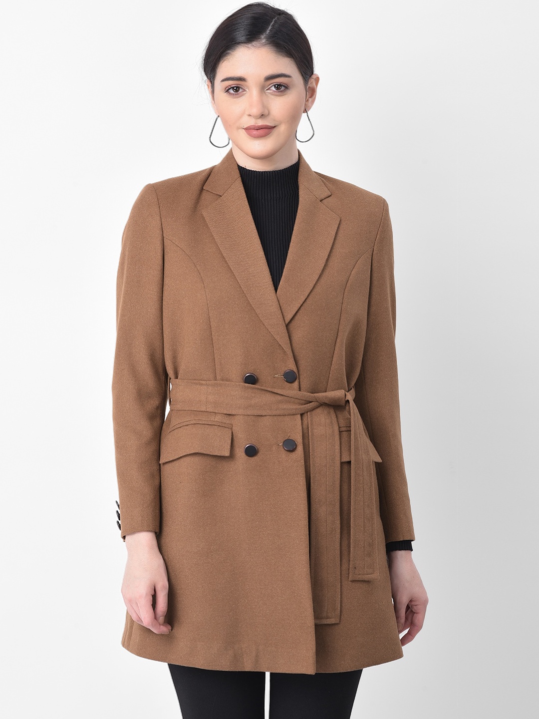 

AUDSTRO Women Brown Solid Double-Breasted Overcoat
