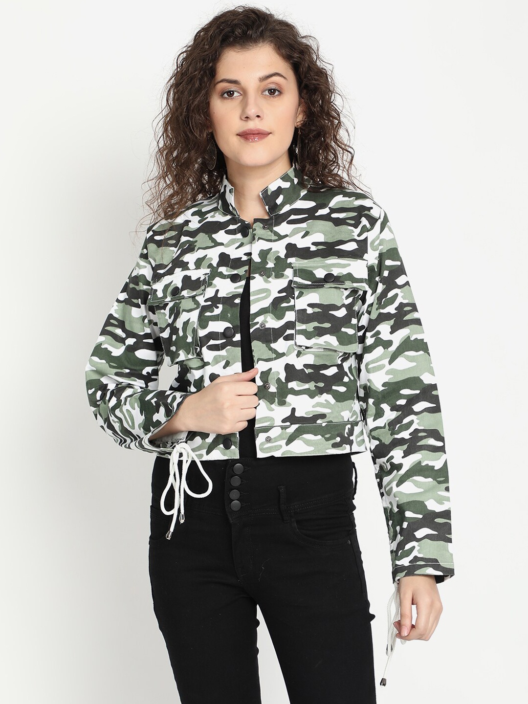

River Of Design Jeans Women Olive Green Camouflage Print Tailored Jacket