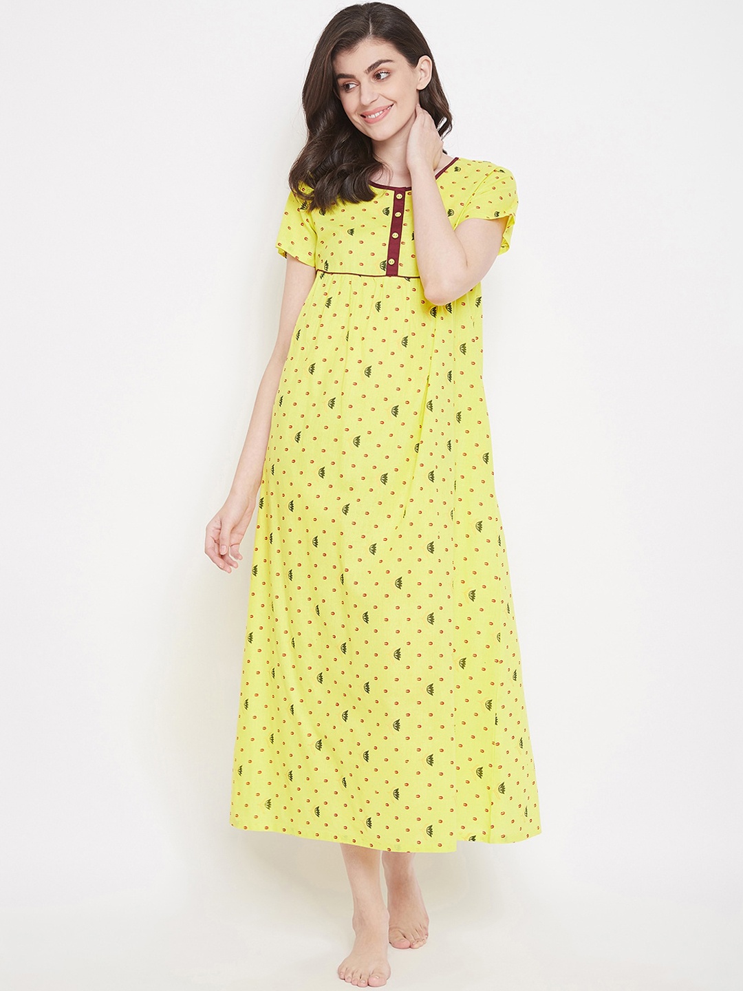 

Clovia Women Yellow & Maroon Printed Nightdress