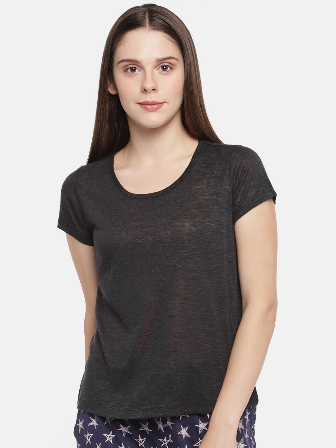 

Dreamz by Pantaloons Women Black Solid Round Neck Cotton Pure Cotton Lounge T-shirt