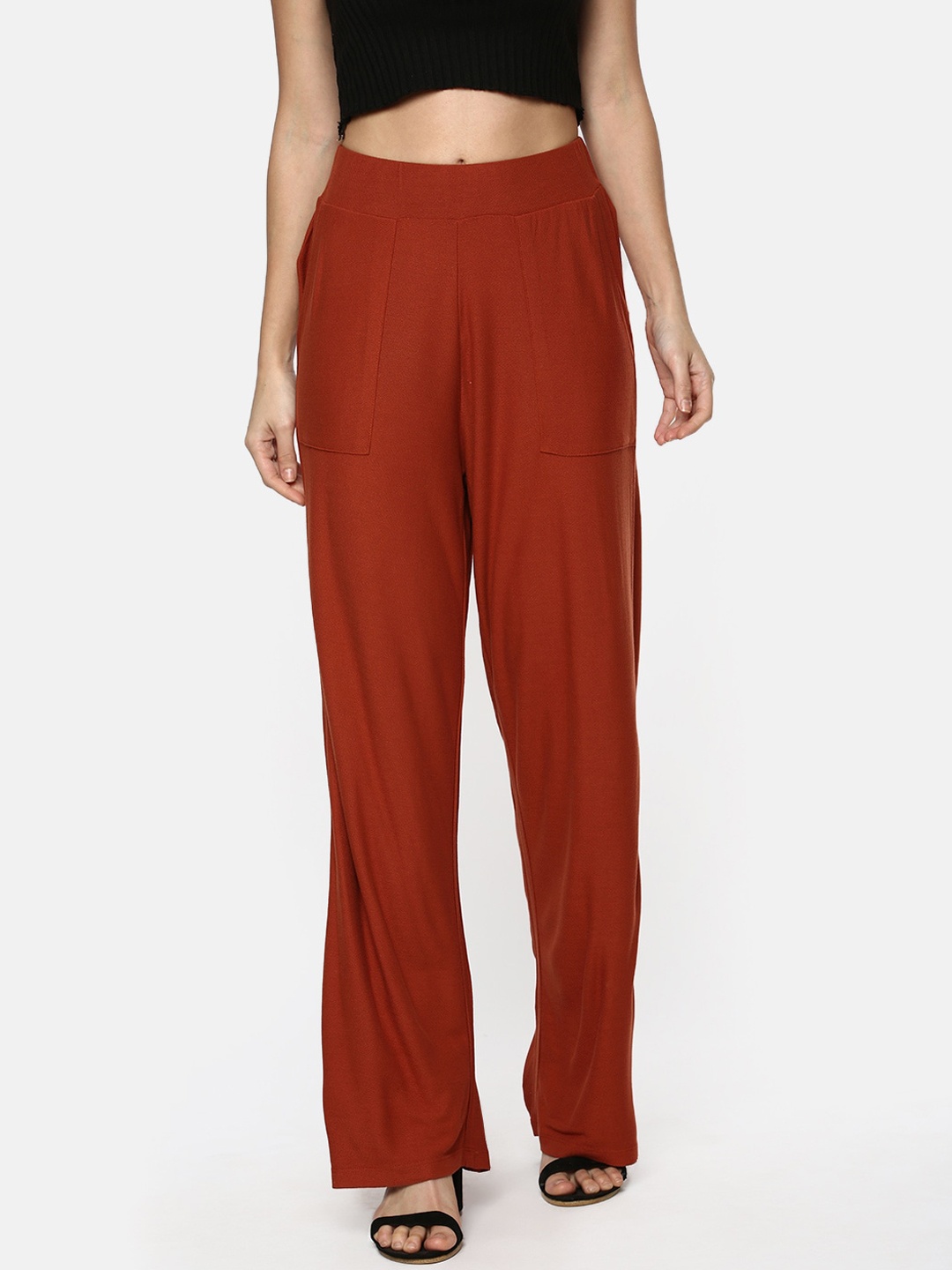 

YCANF Women Rust Brown Solid Straight Palazzos