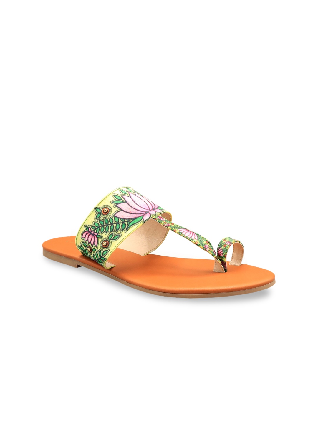 

Kanvas Women Yellow Printed Fabric T-Strap Flats