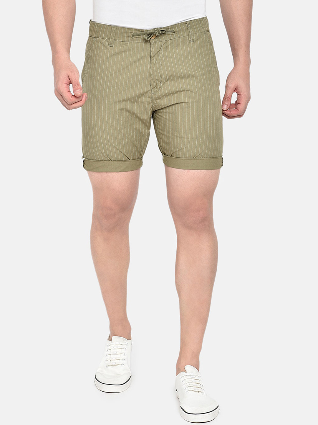 

beevee Men Olive Green Striped Regular Fit Cotton Regular Shorts