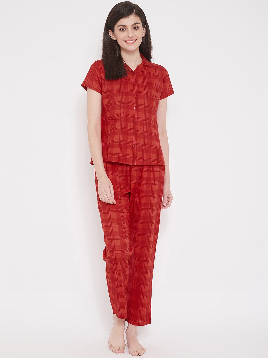 

Clovia Classic Checks Button Down Shirt & Pyjama, Red