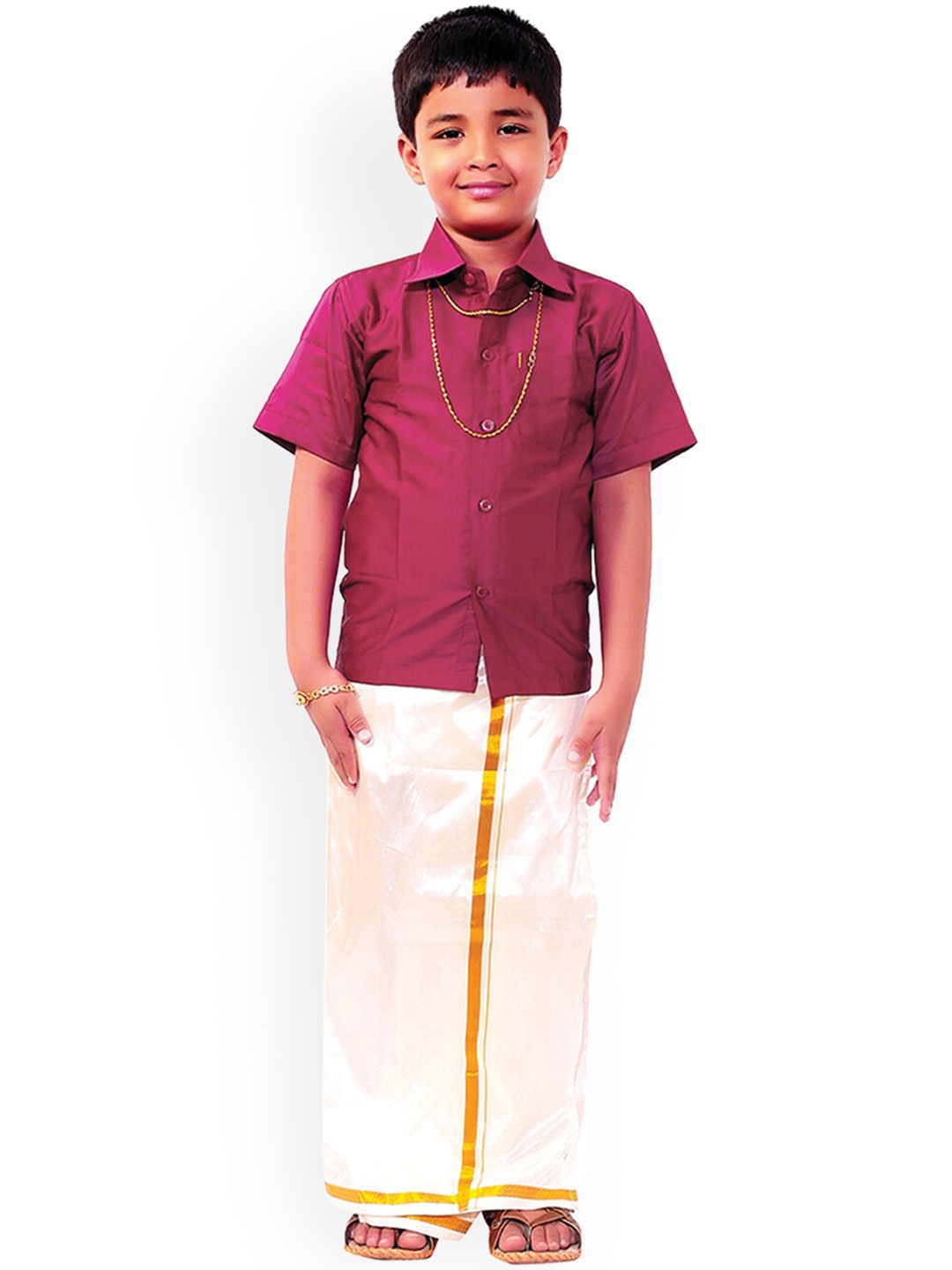 

Thangamagan Boys Pink & White Solid Shirt and Veshti