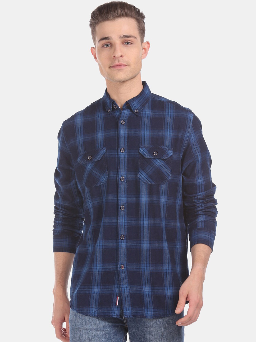 

Aeropostale Men Navy Blue Regular Fit Checked Cotton Casual Shirt
