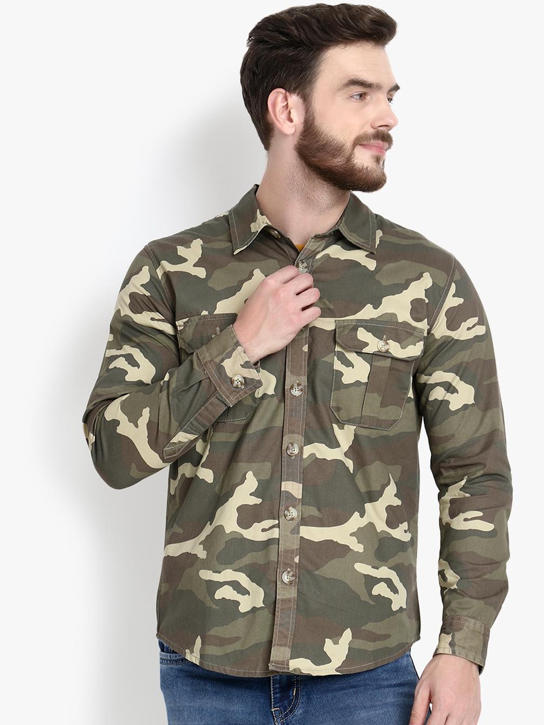 

Kotty Men Olive Green Camo Printed Lightweight Shacket