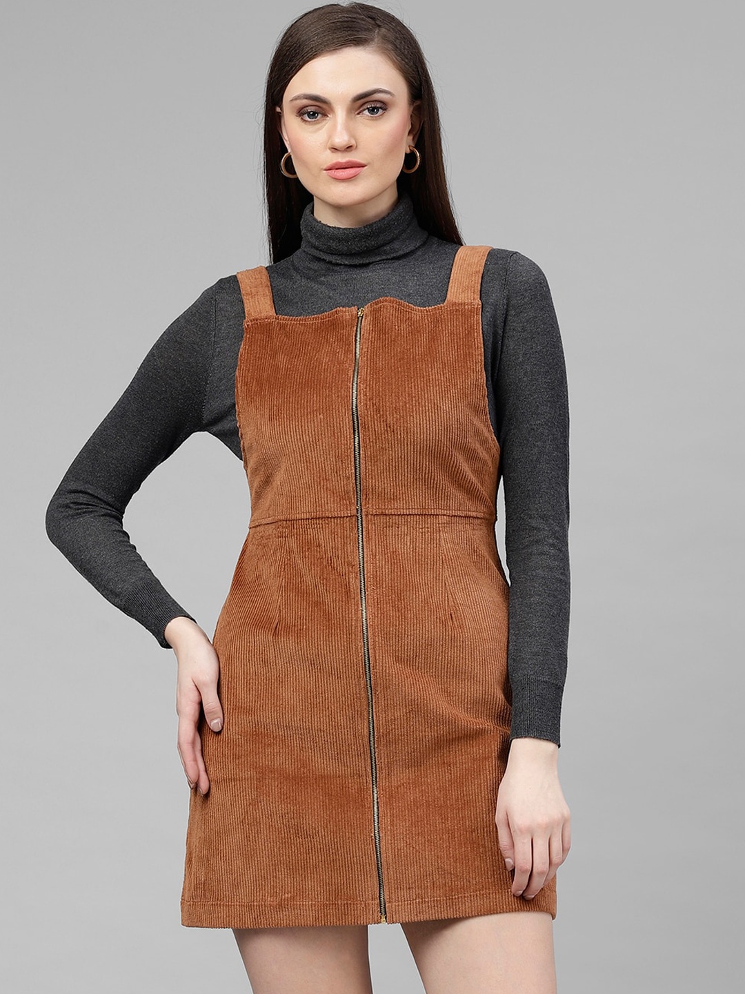 

KASSUALLY Women Brown Solid Pinafore Dress