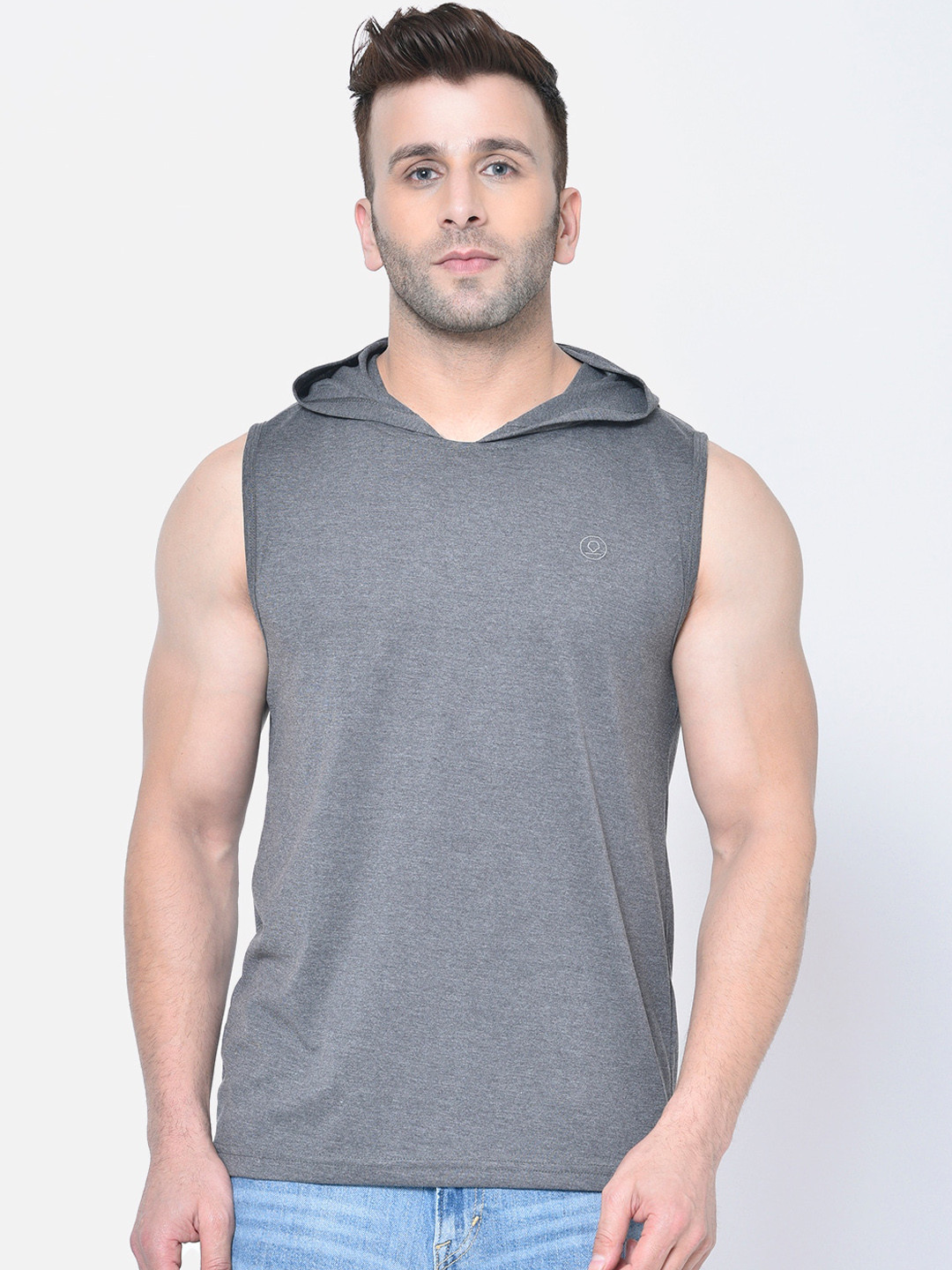 

CHKOKKO Men Grey Melange Solid Hood T-shirt