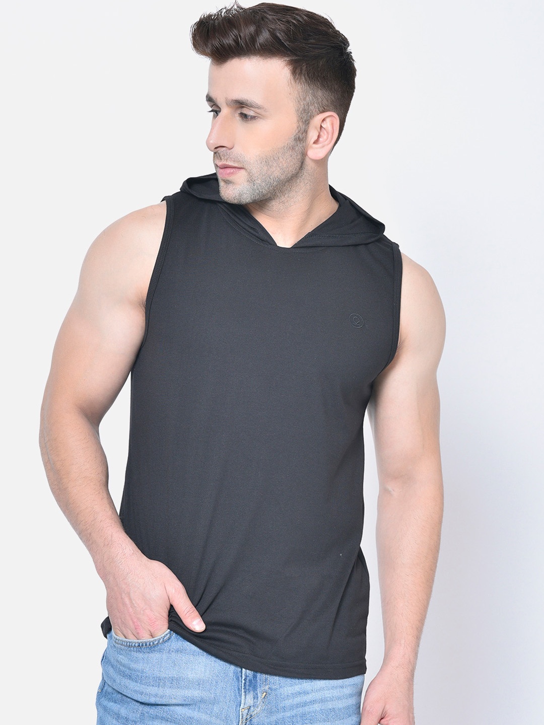 

CHKOKKO Men Black Solid Hood T-shirt