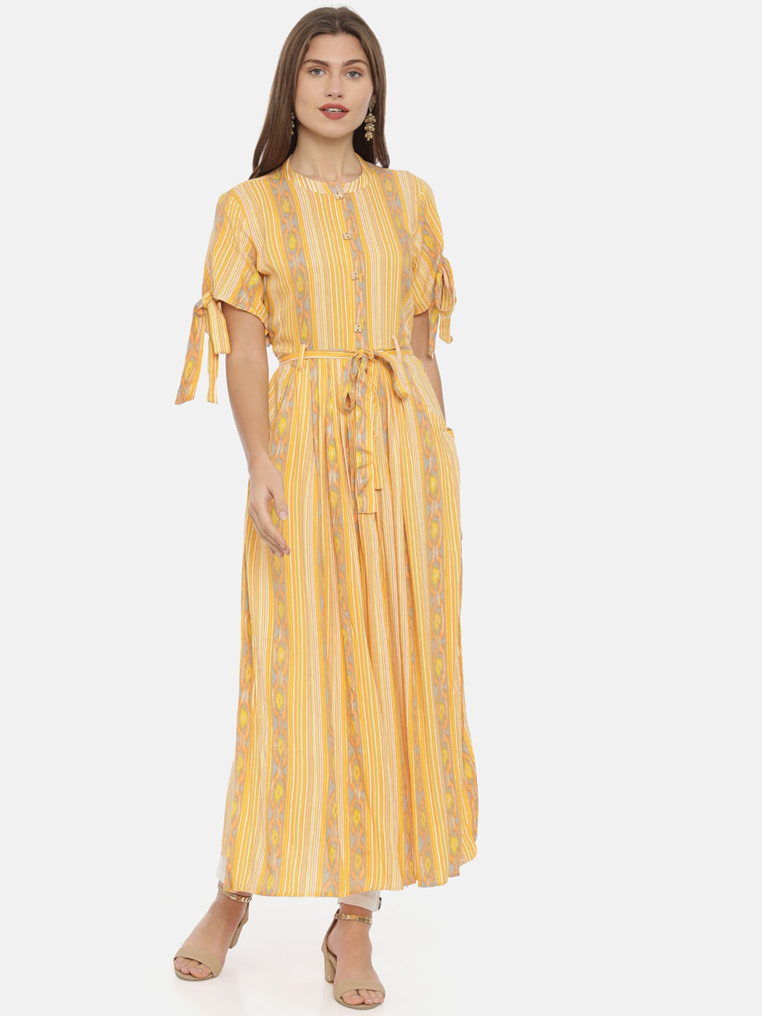 

Neerus Women Yellow & Beige Striped Anarkali Kurta