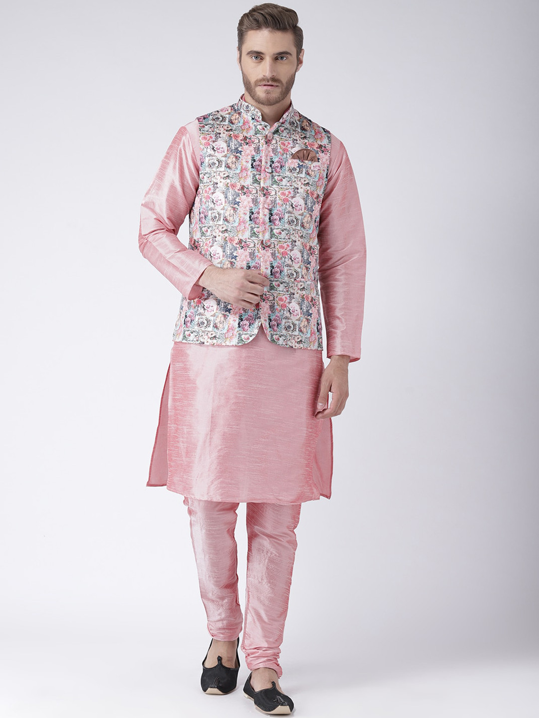 

Hangup Men Pink Solid Kurta Set with Nehru Jacket