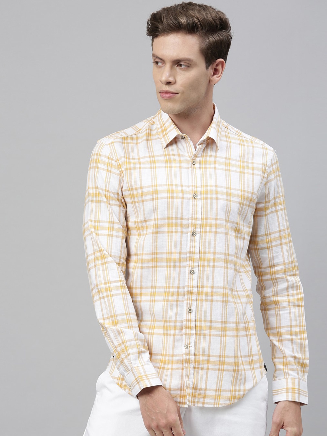 

RARE RABBIT Men Yellow & Off-White Tailored Fit Checked Casual Shirt