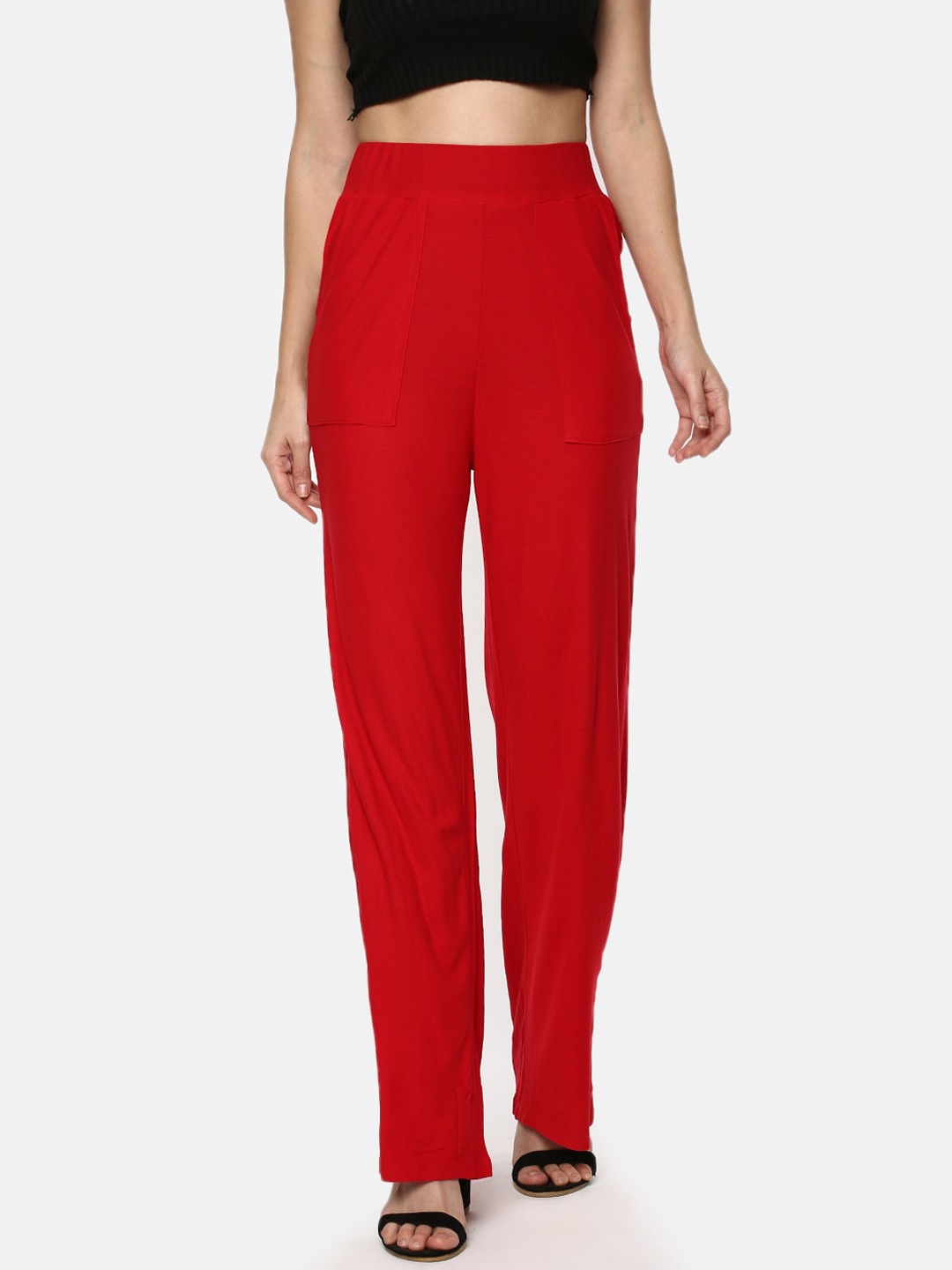 

YCANF Women Red Solid Straight Palazzos