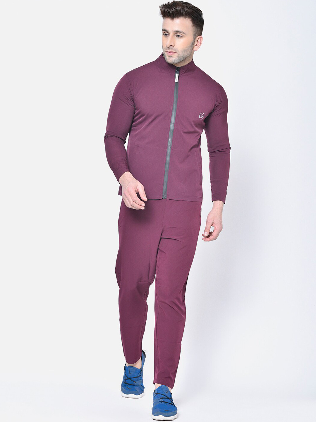 

CHKOKKO Men Burgundy Solid Sports Tracksuit