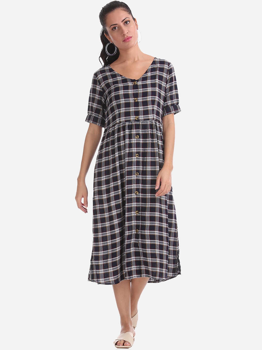 

Cherokee Women Navy Blue Checked A-Line Dress