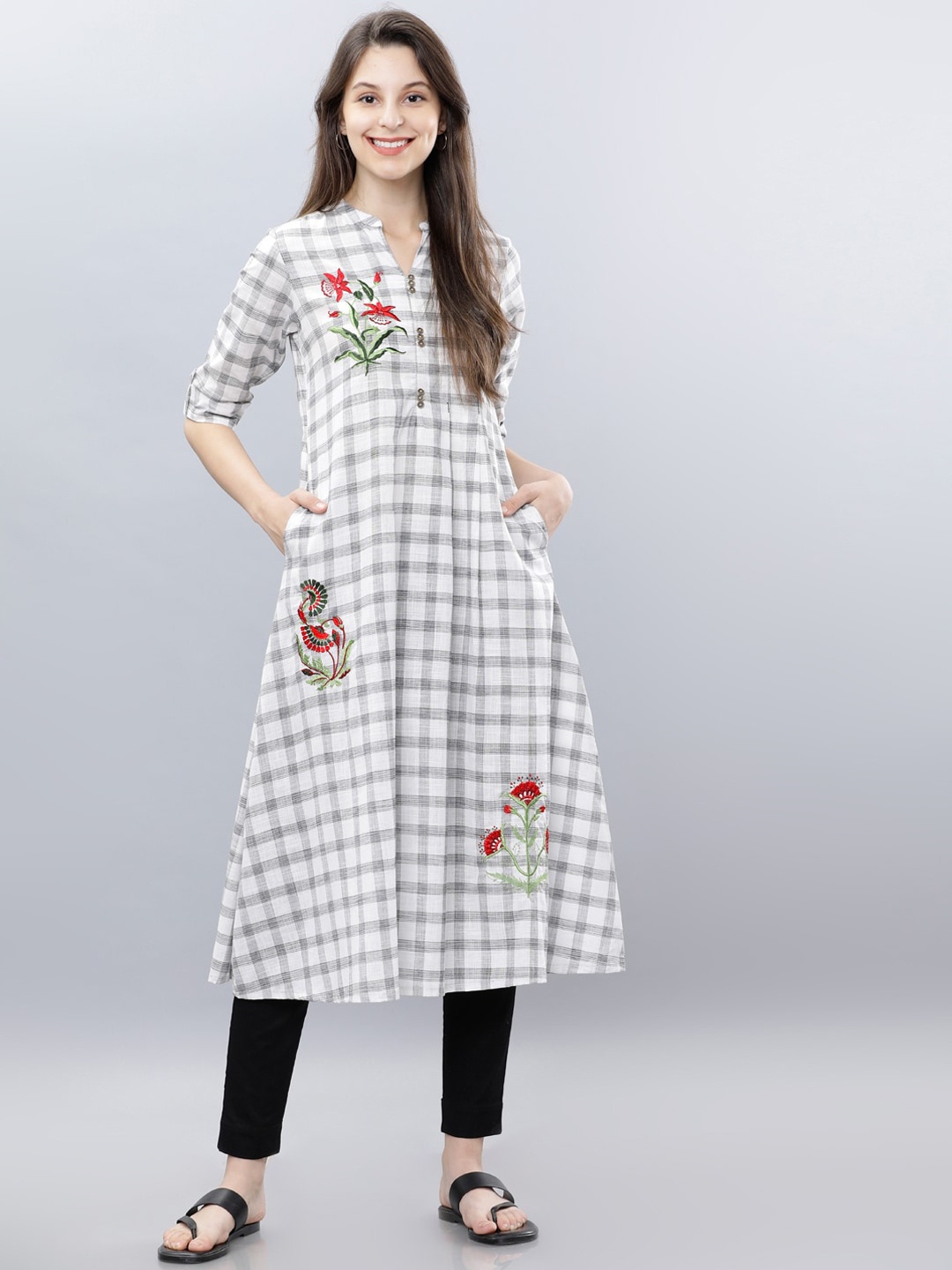 

Vishudh Women White Checked A-Line Kurta