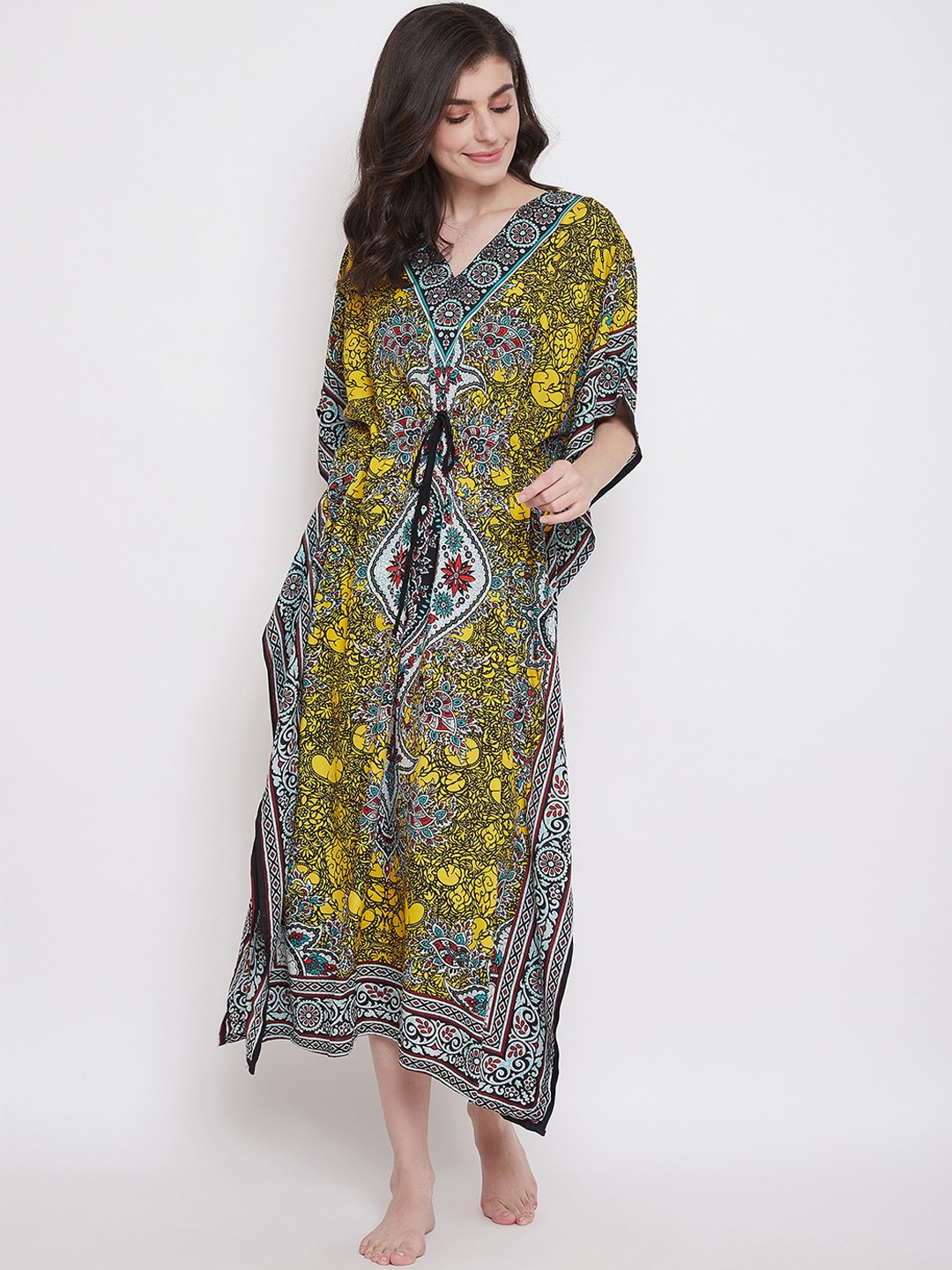 

Clovia Women Yellow & Black Floral Printed Kaftan Style Nightdress