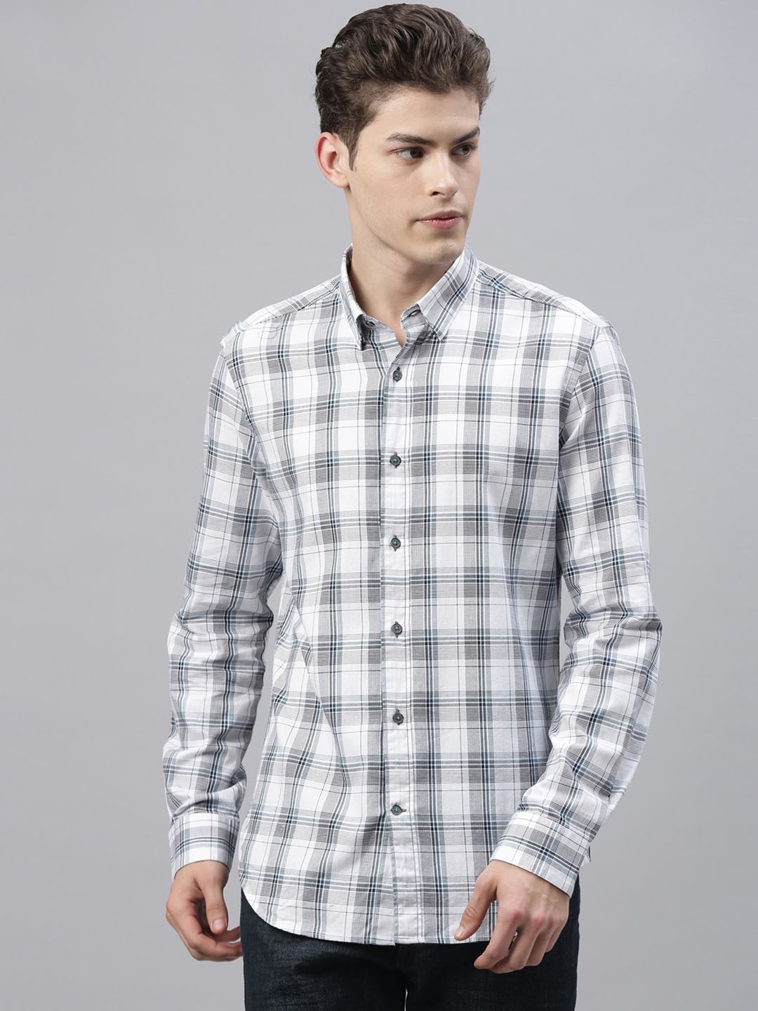 

RARE RABBIT Men White & Black Tailored Fit Checked Casual Shirt