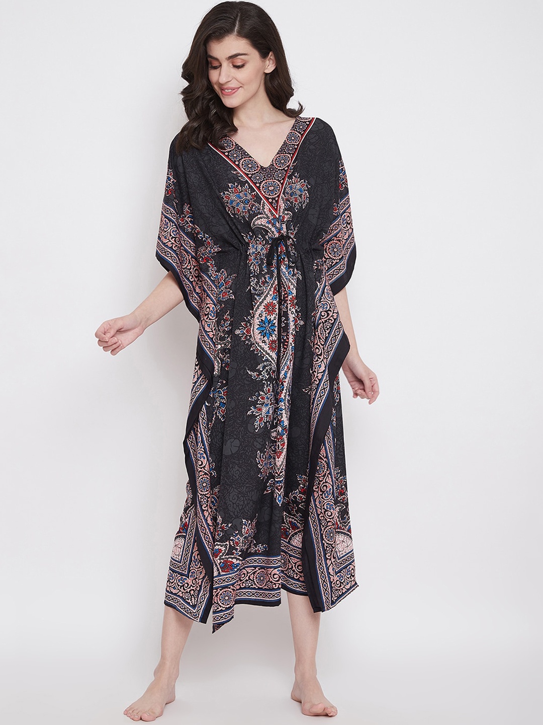 

Clovia Women Black & Pink Floral Printed Long Kaftan Style Nightdress