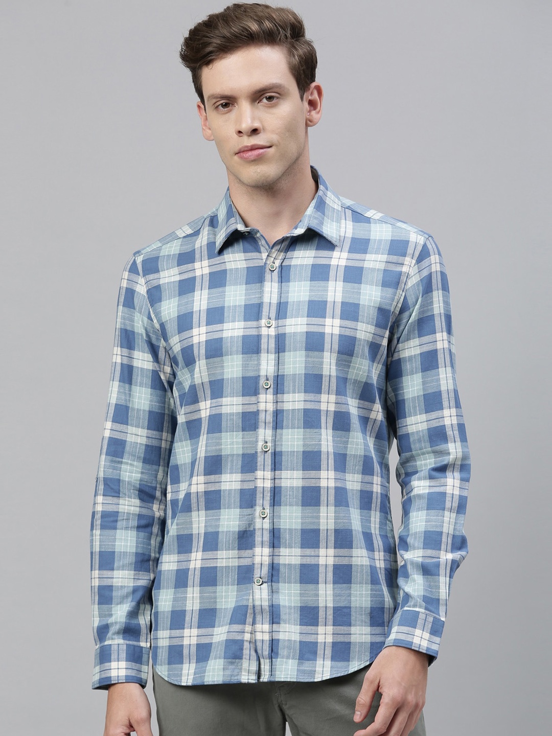 

RARE RABBIT Men Blue & Off-White Tailored Fit Checked Casual Shirt