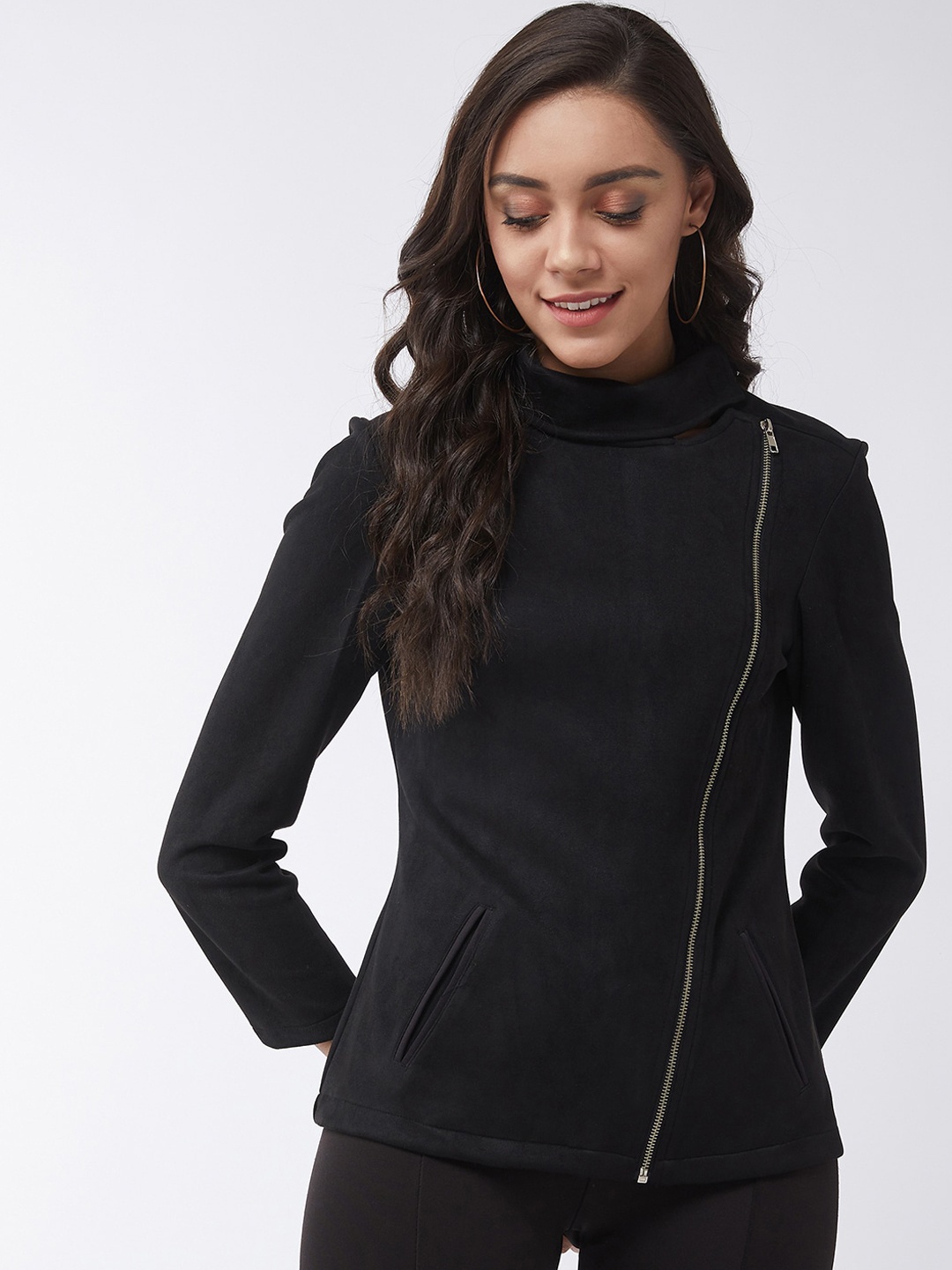 

Zima Leto Women Black Solid Biker Jacket