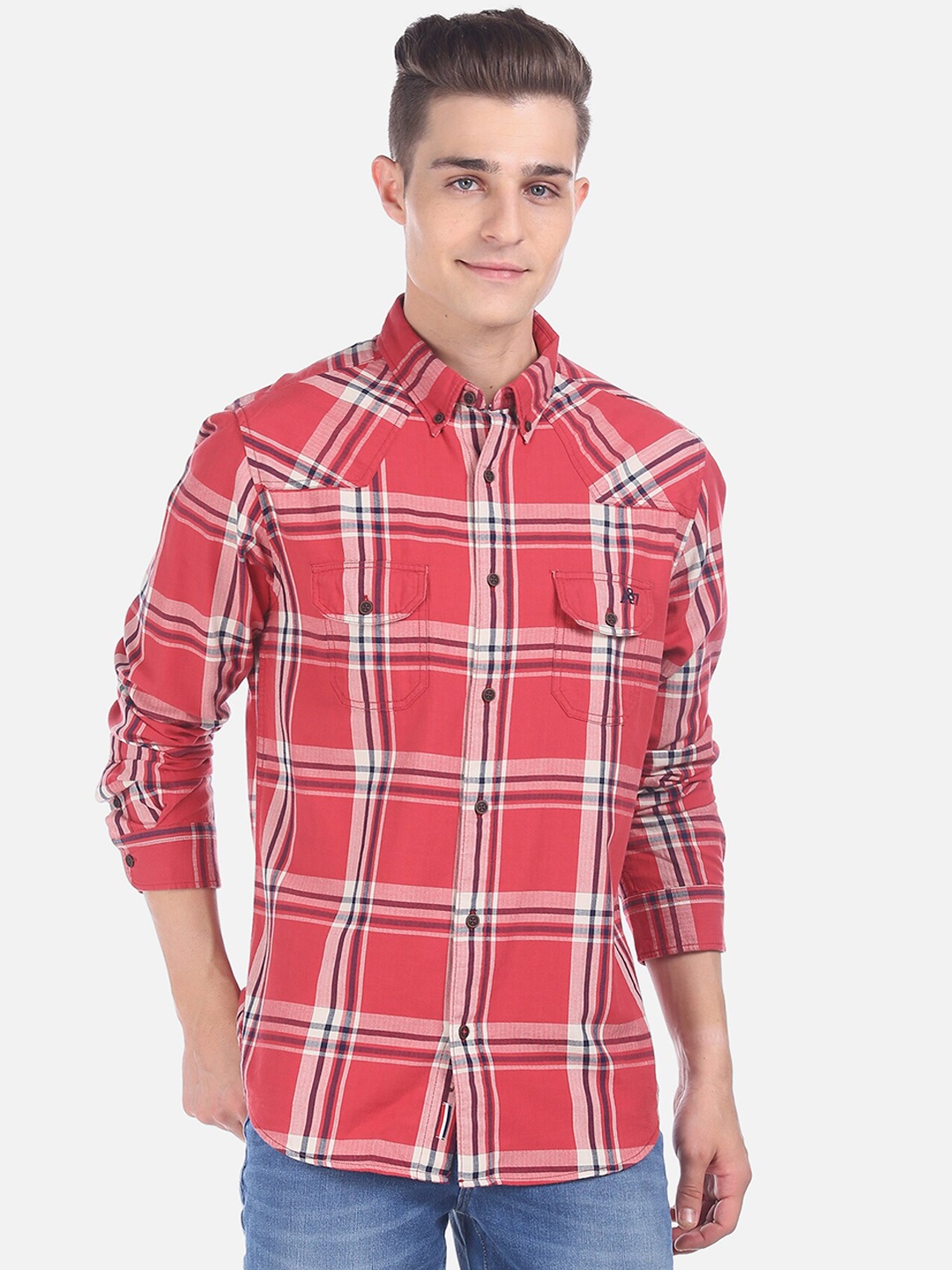 

Aeropostale Men Red Regular Fit Checked Cotton Casual Shirt