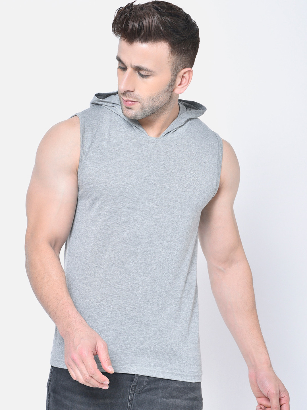 

CHKOKKO Men Grey Solid Hood T-shirt