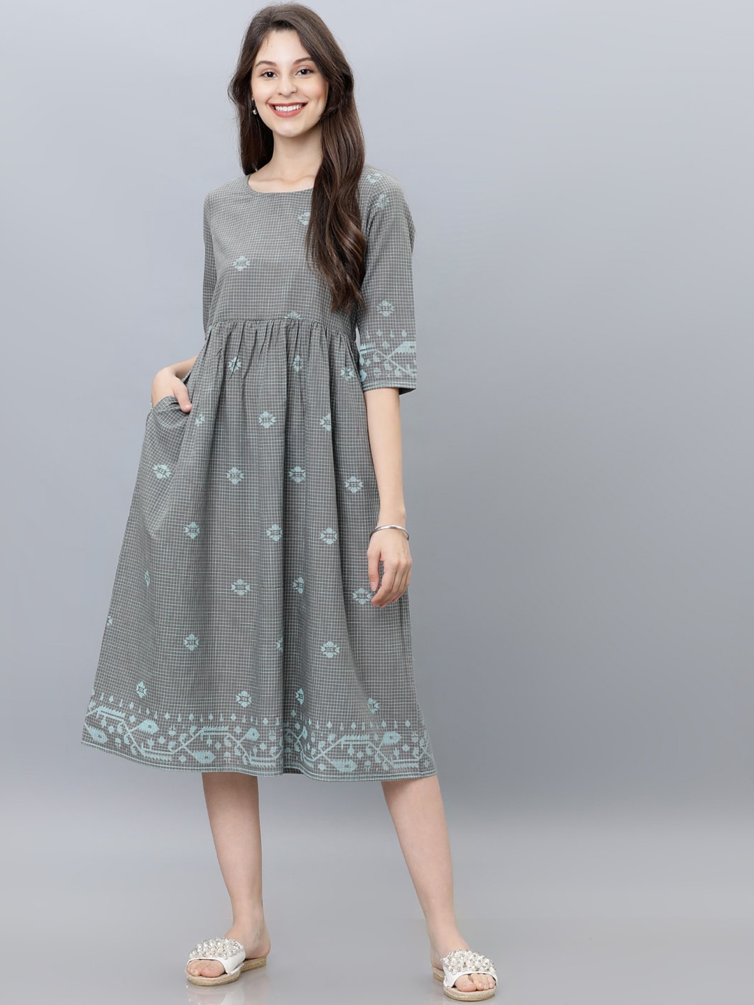 

Vishudh Women Grey Printed A-Line Ethnic Dress