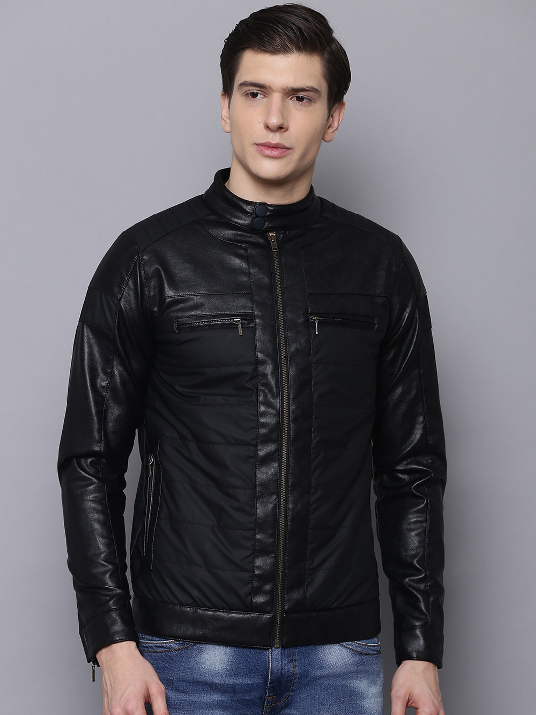 

HARSAM Men Black Solid Biker Jacket