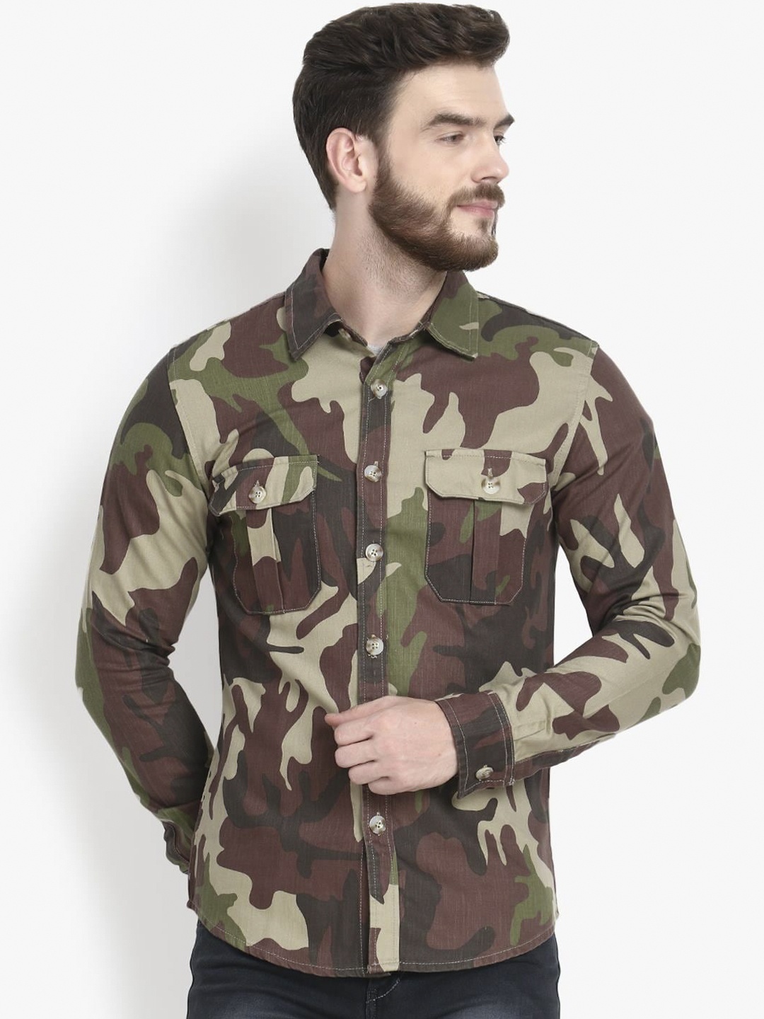 

Kotty Men Khaki Brown & Green Camouflage Print Shirt
