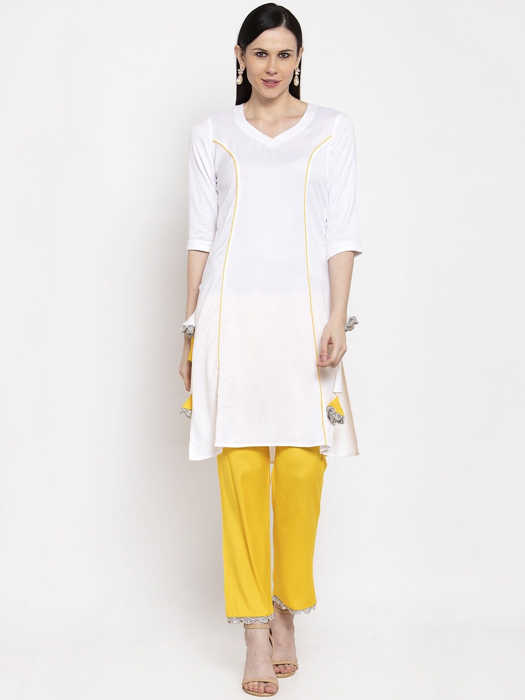 

DUGRI BE THE ONE Women White Self Design Kurti with Trousers