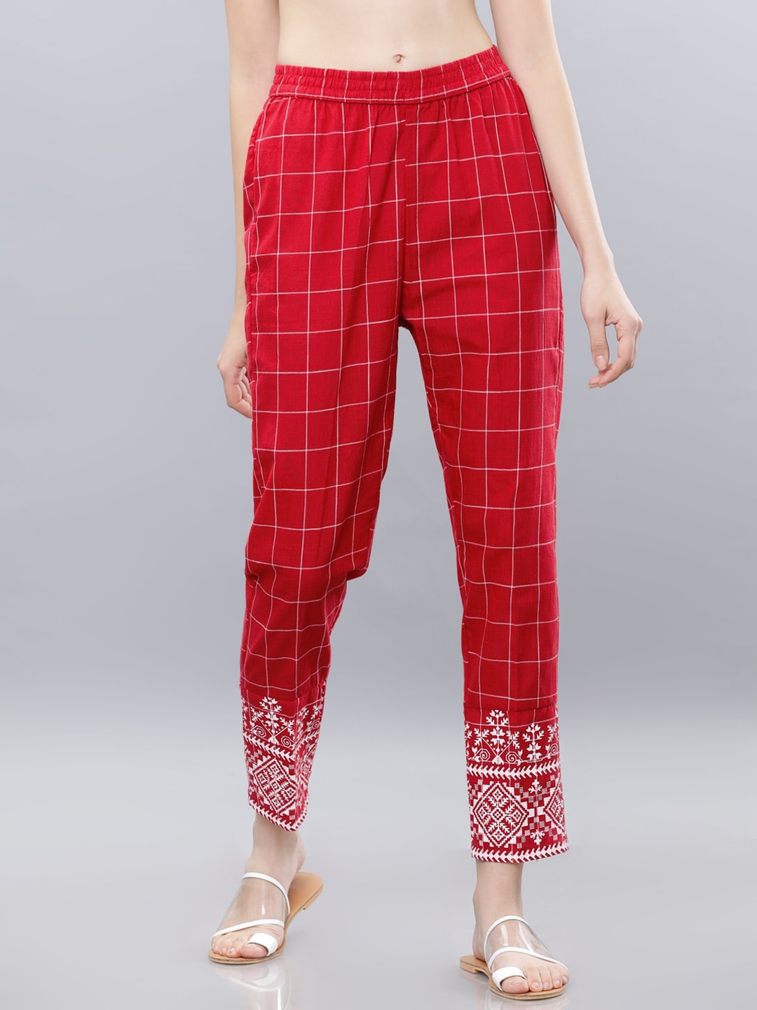 

Vishudh Women Red & Off-White Slim Fit Checked Trousers