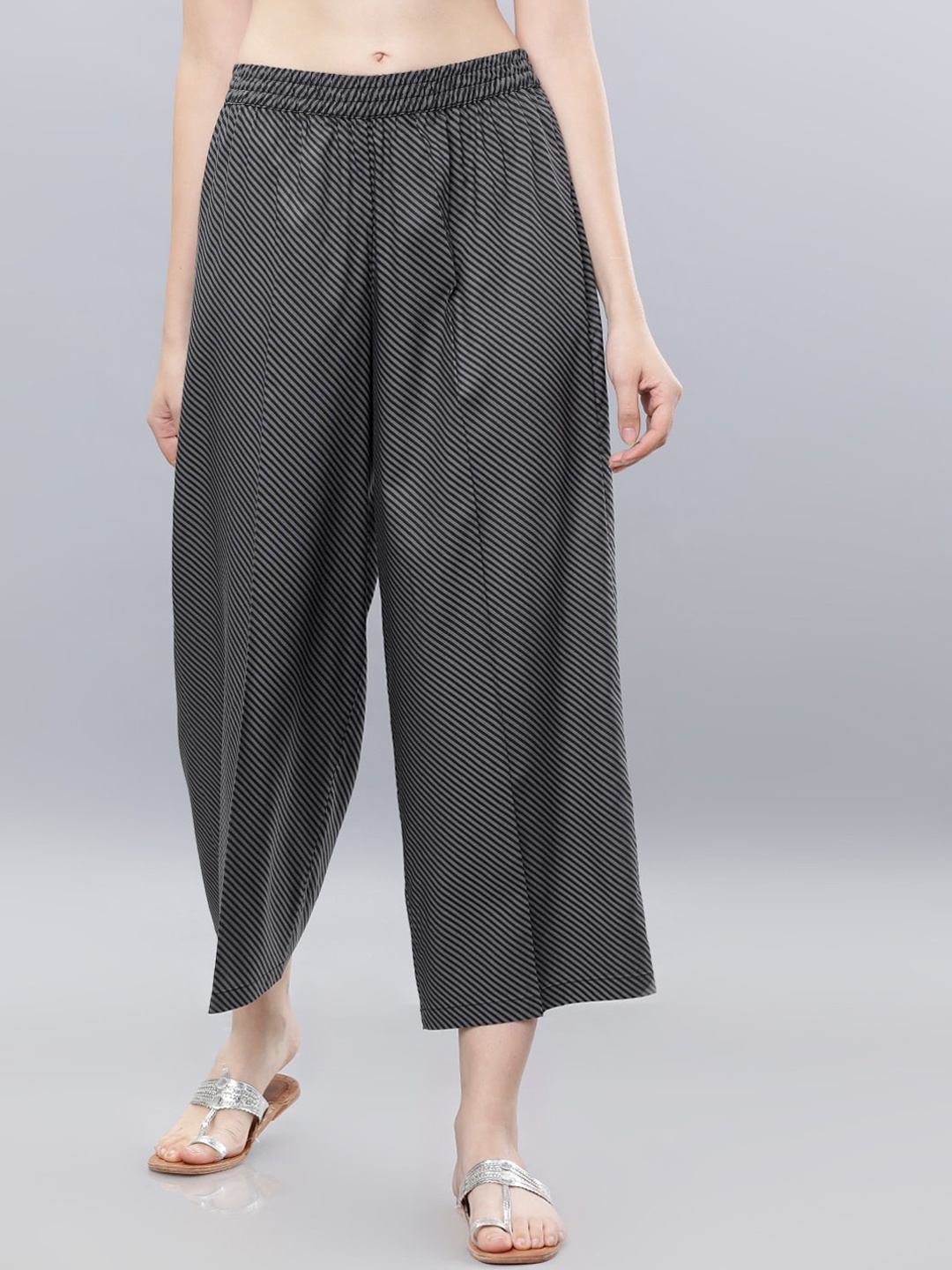 

Vishudh Women Black & Grey Striped Wide Leg Palazzos