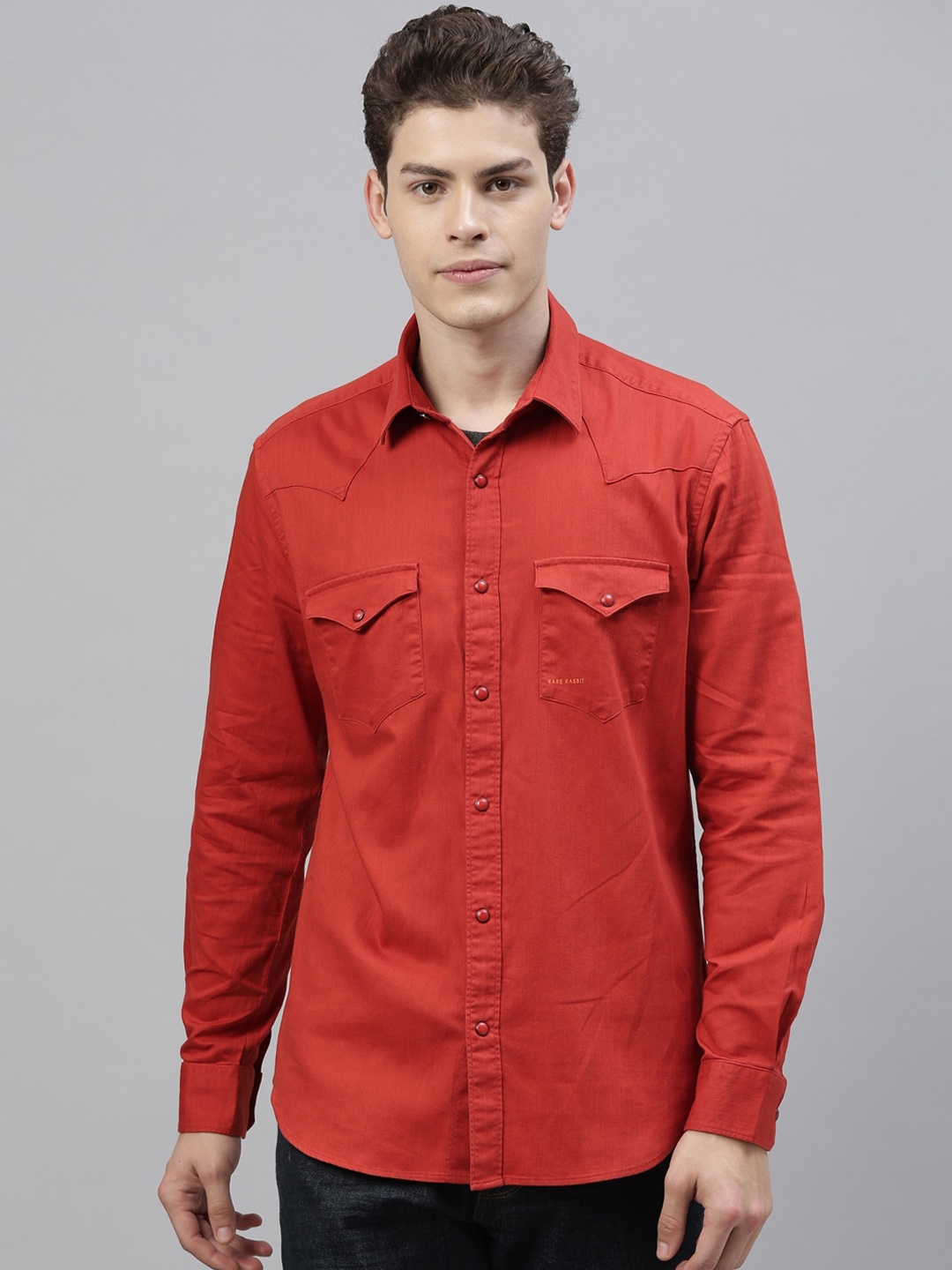 

RARE RABBIT Men Rust Red Tailored Fit Solid Casual Shirt
