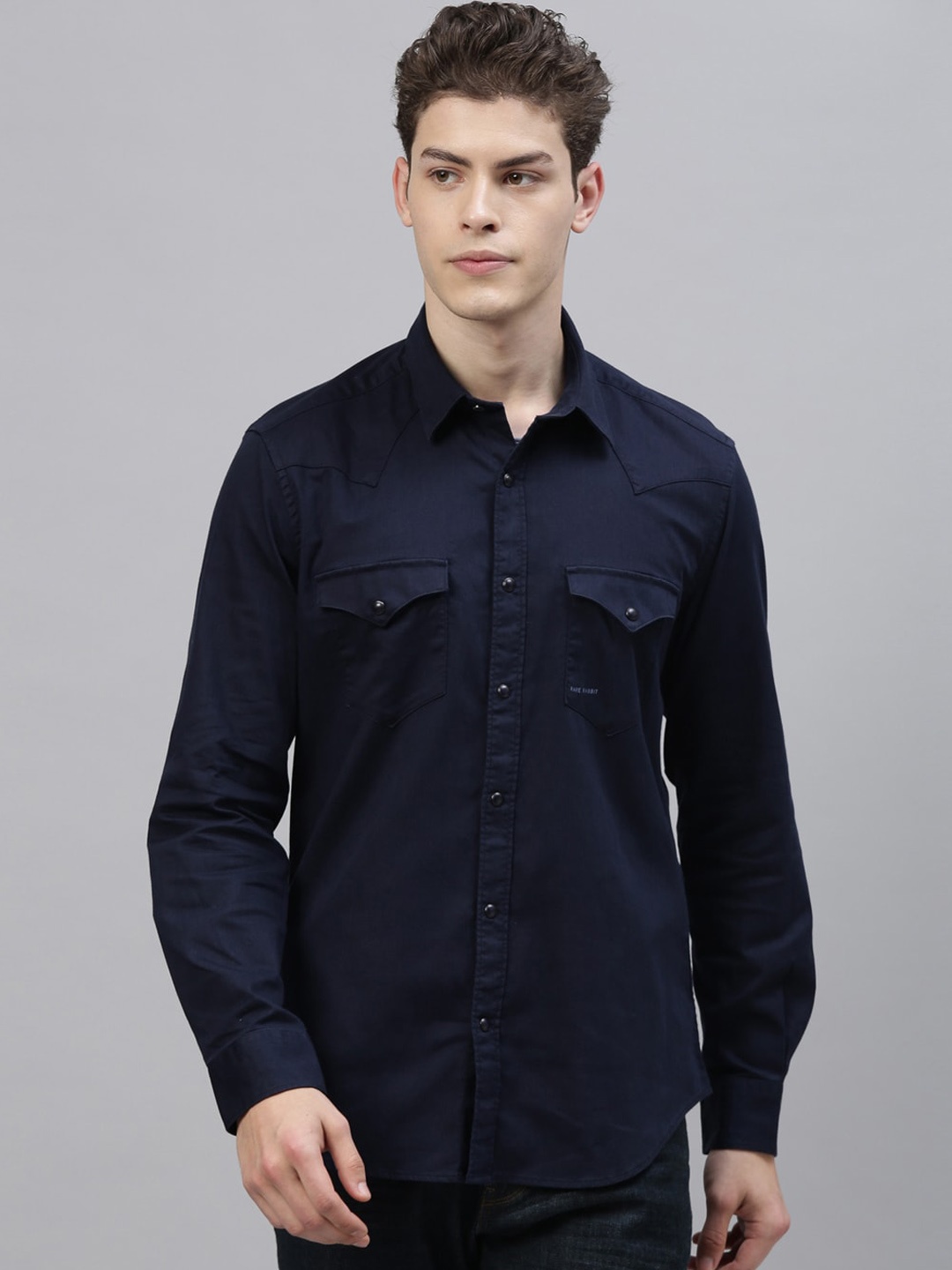 

RARE RABBIT Men Navy Blue Regular Fit Solid Casual Shirt