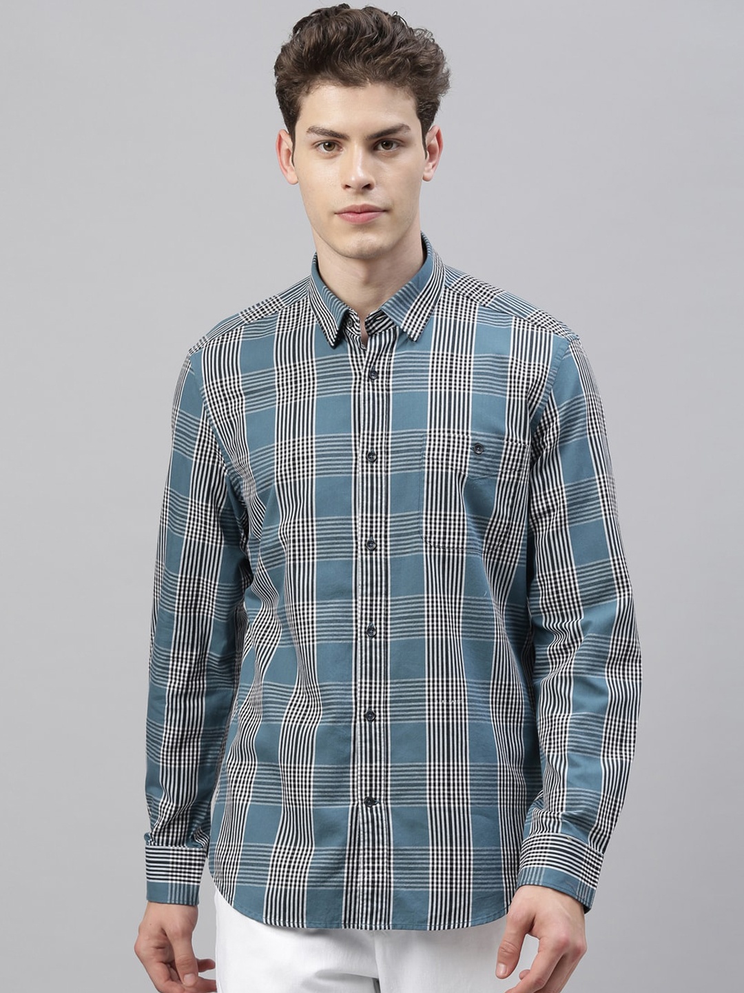 

RARE RABBIT Men White & Blue Tailored Fit Checked Casual Shirt