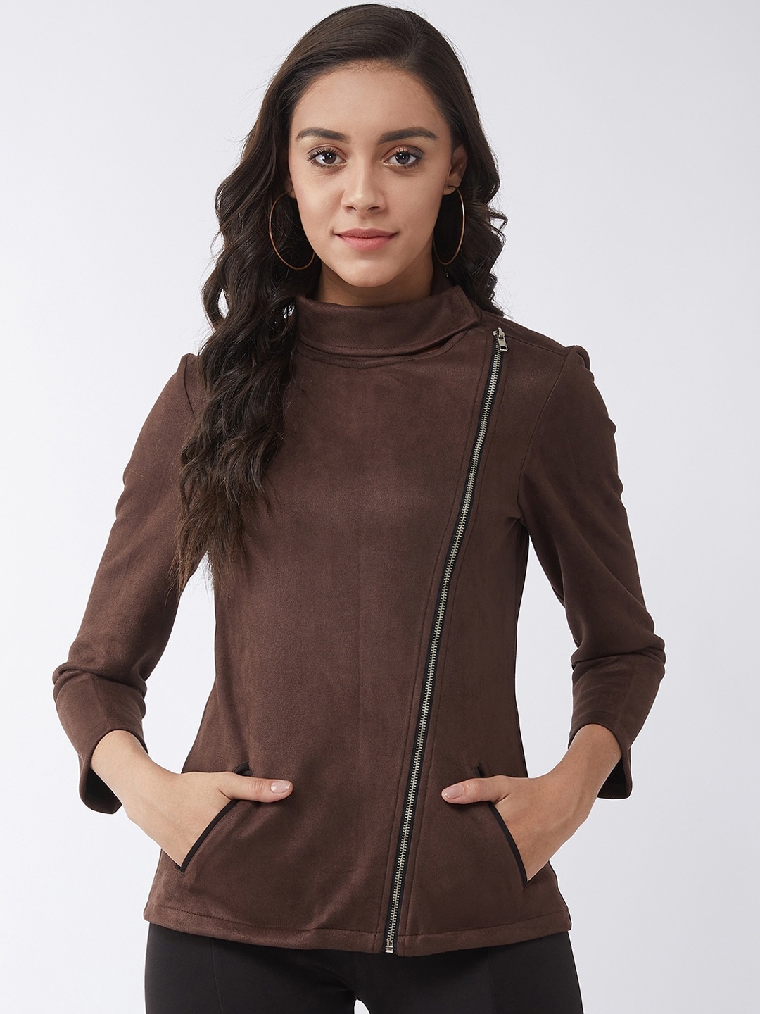 

Zima Leto Women Brown Solid Biker Jacket