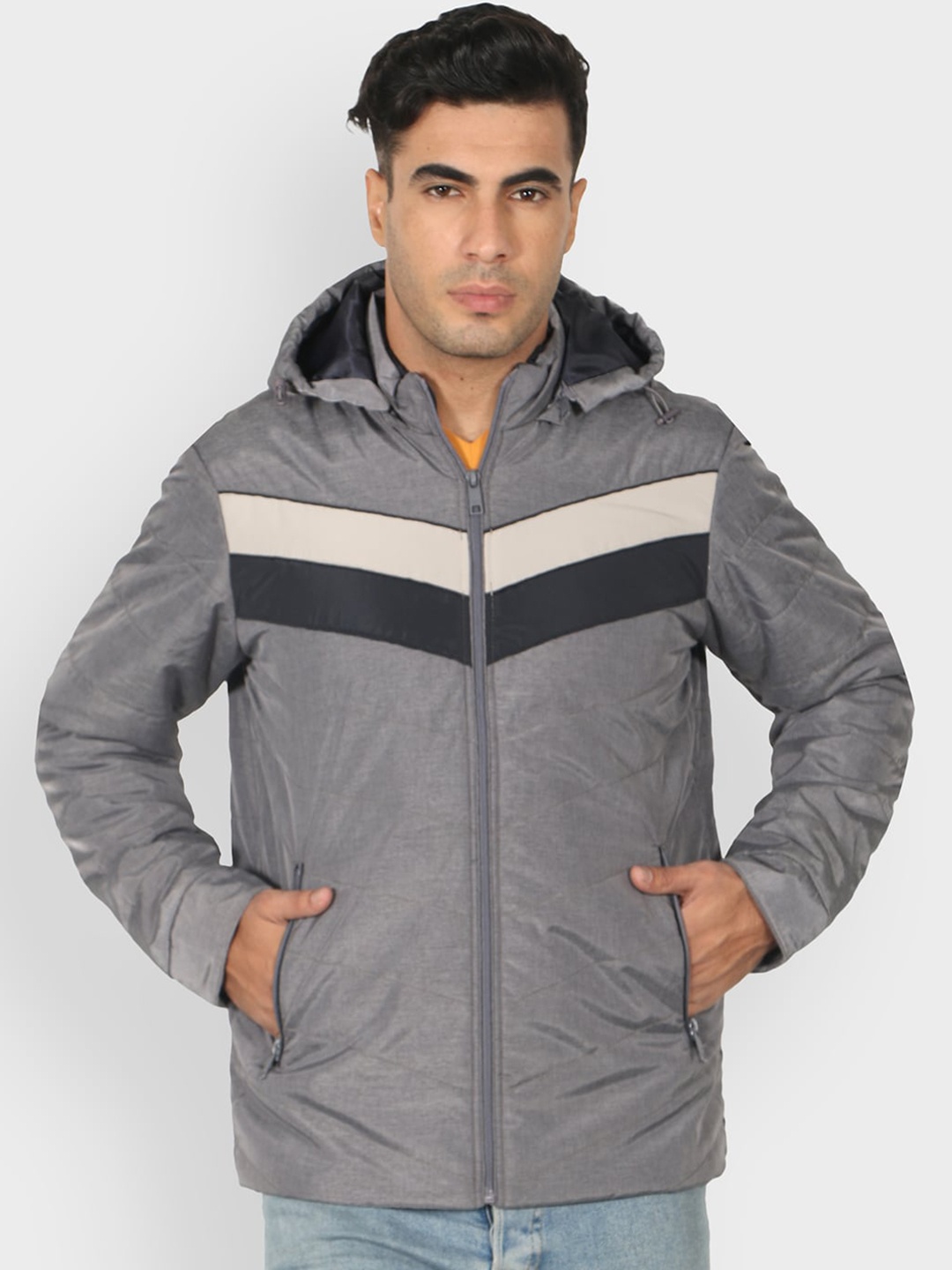 

Octave Men Grey Striped Padded Jacket