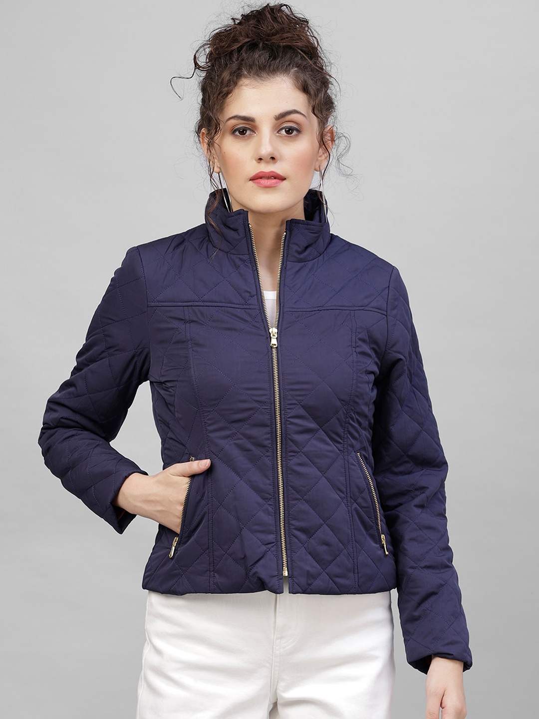 

Gipsy Women Navy Blue Solid Padded Jacket