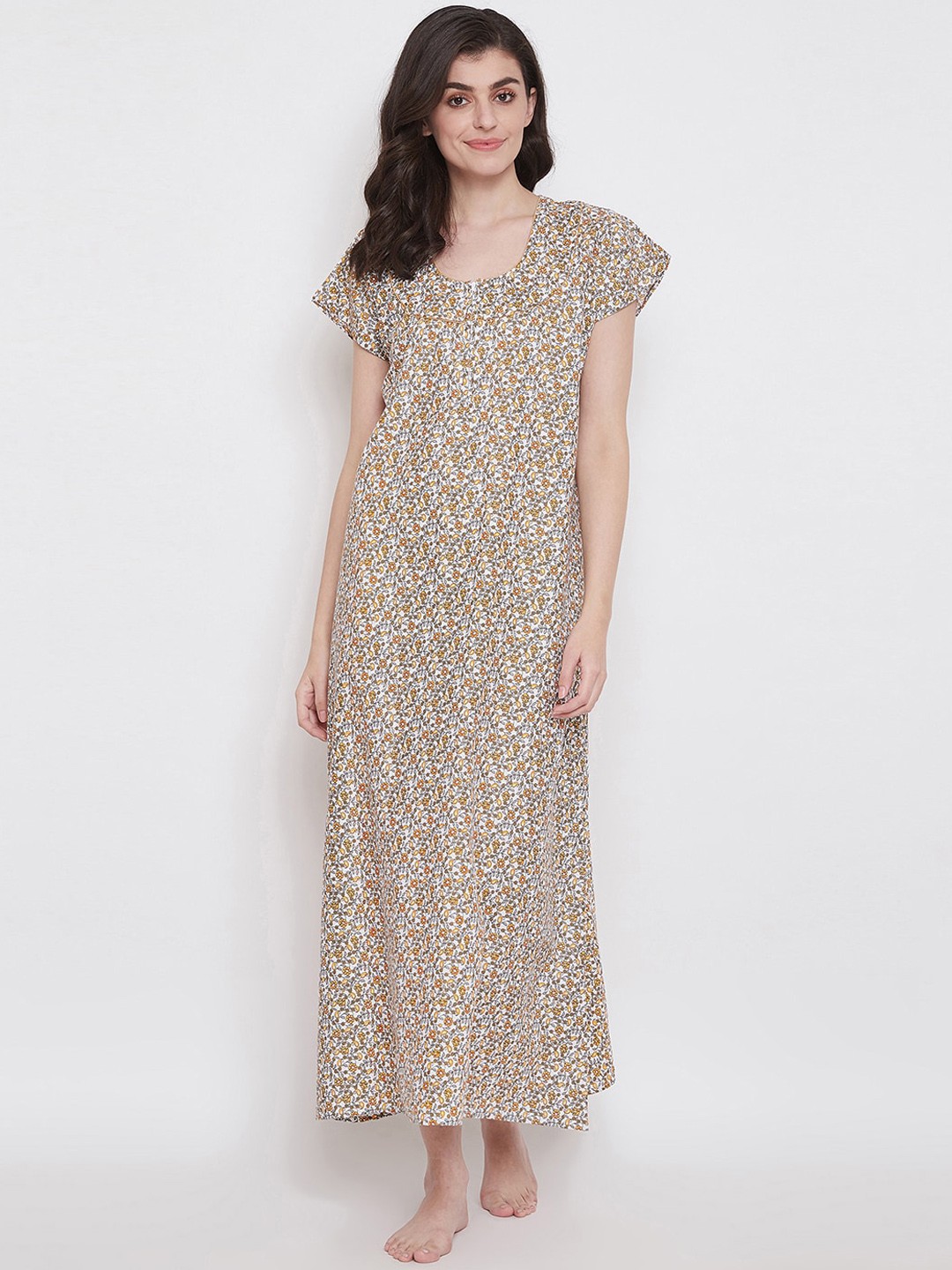 

Clovia Women Yellow & Off-White Floral Printed Maxi Length Cotton Nightdress