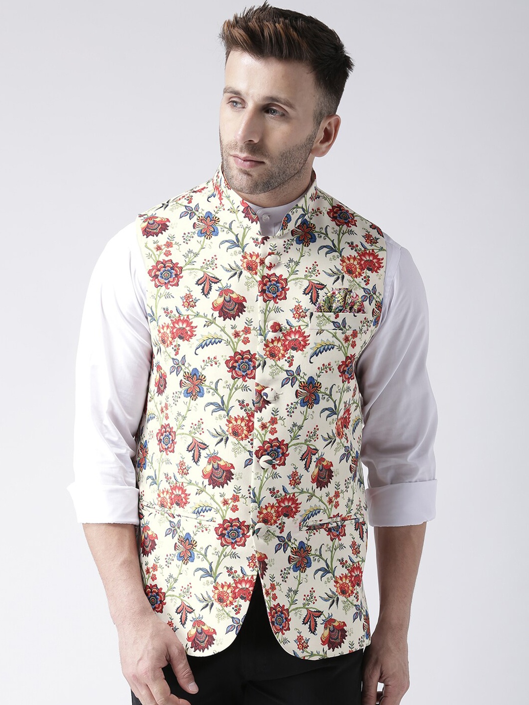 

Hangup Men Cream-Colored & Red Floral Print Nehru Jacket