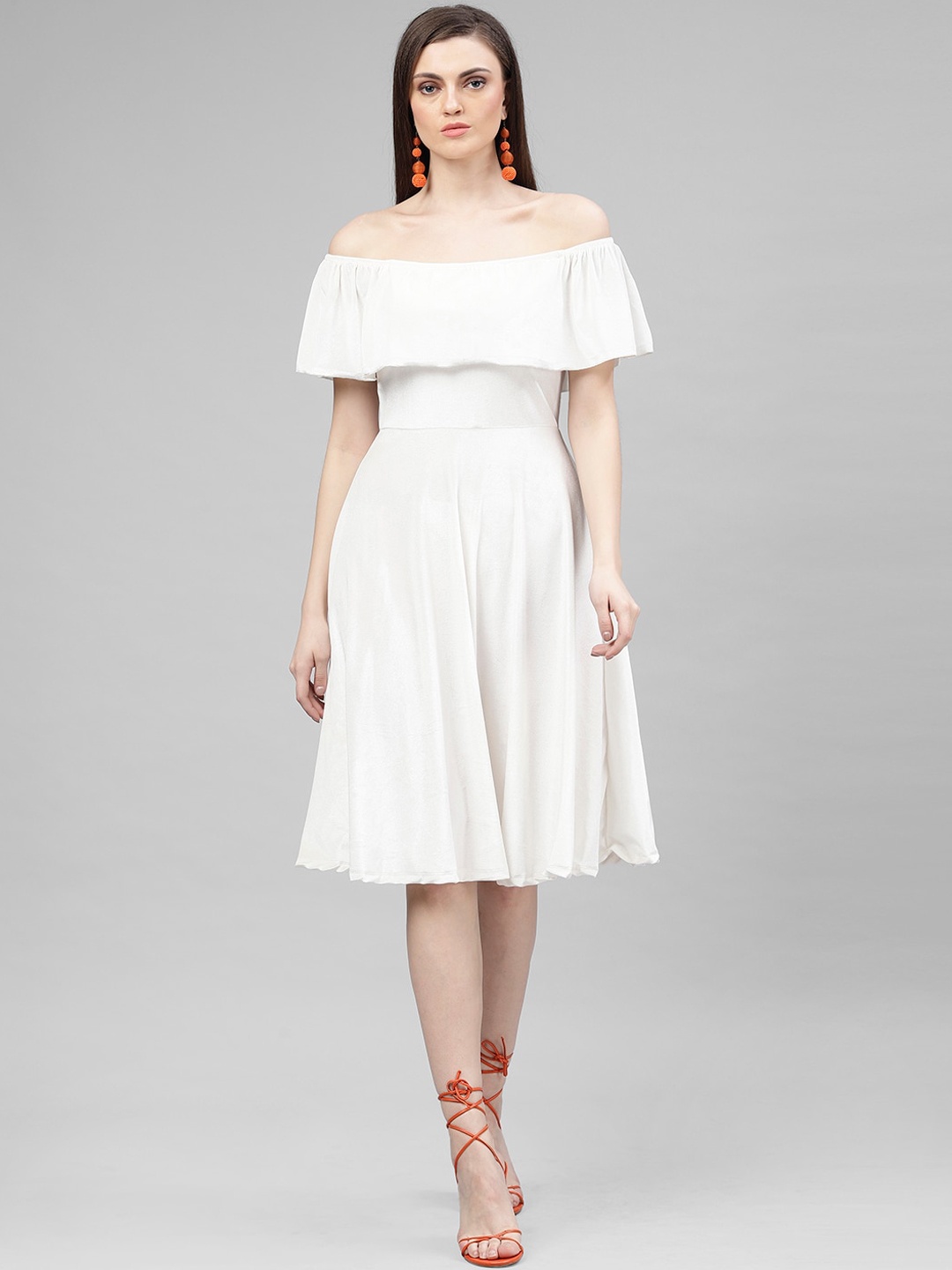 

KASSUALLY Women White Solid Fit and Flare Dress