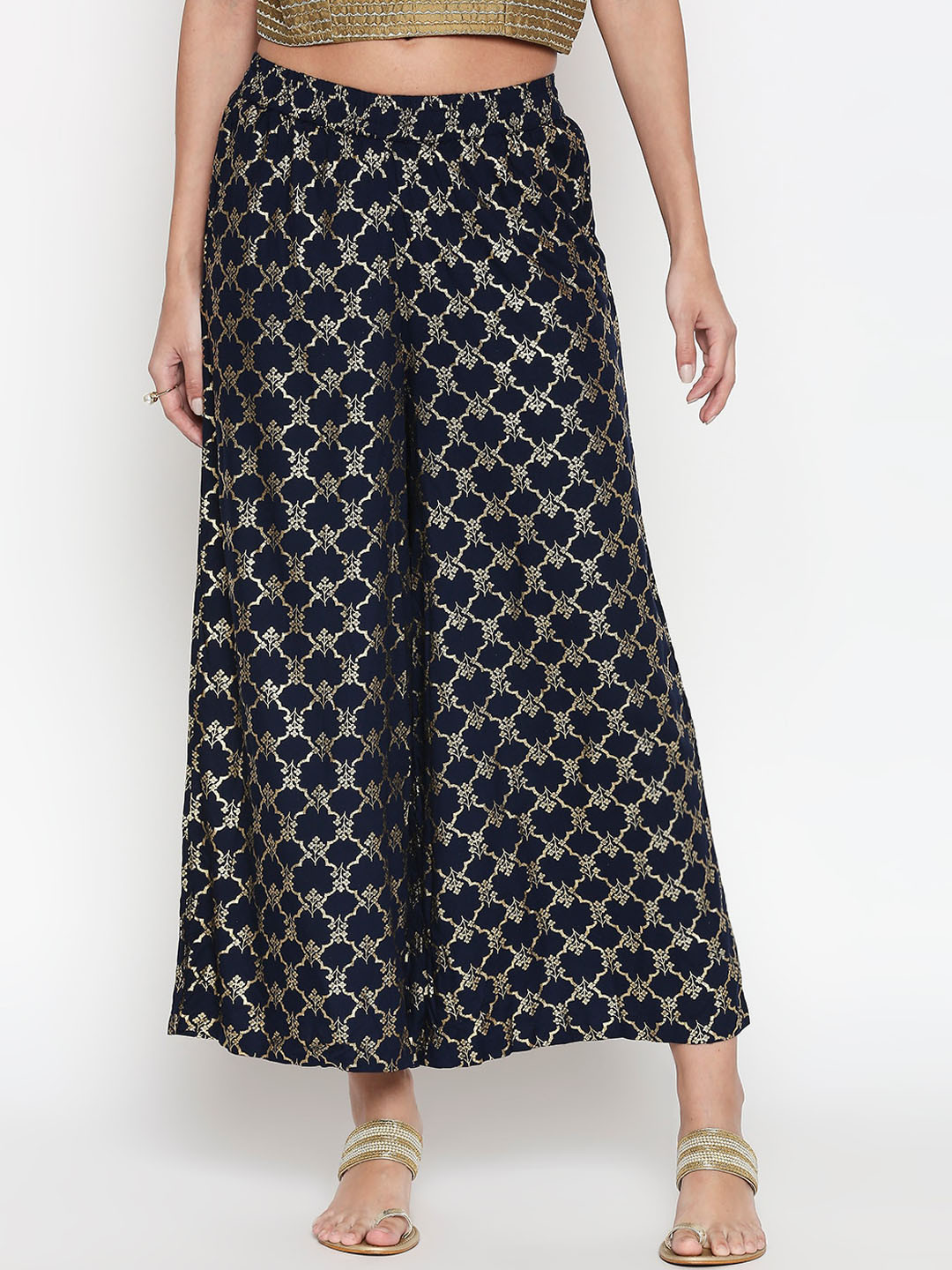 

RANGMANCH BY PANTALOONS Women Navy Blue & Gold-Colored Printed Wide Leg Palazzos