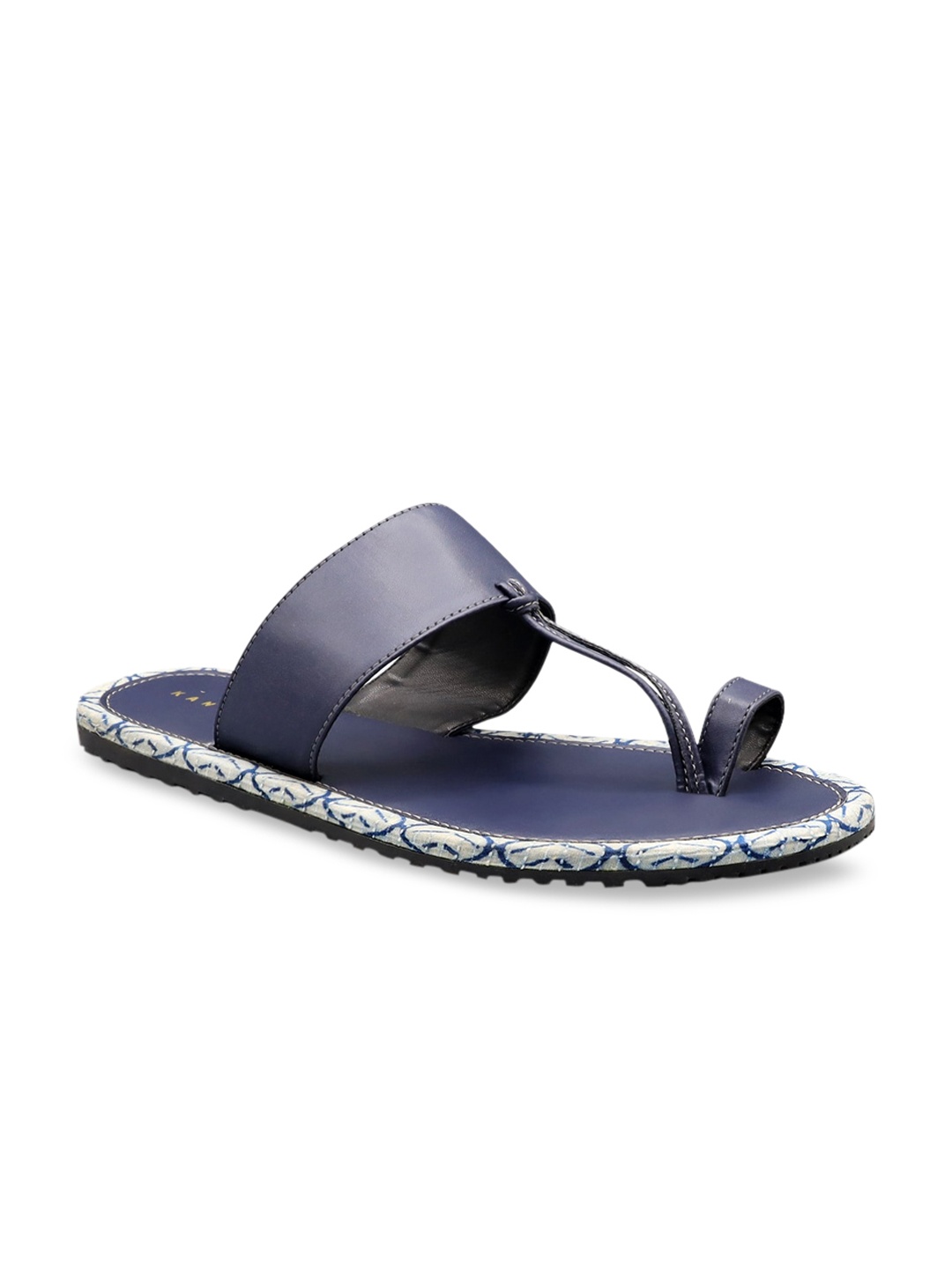 Kanvas Men Navy Blue Solid PU T-Strap Flats