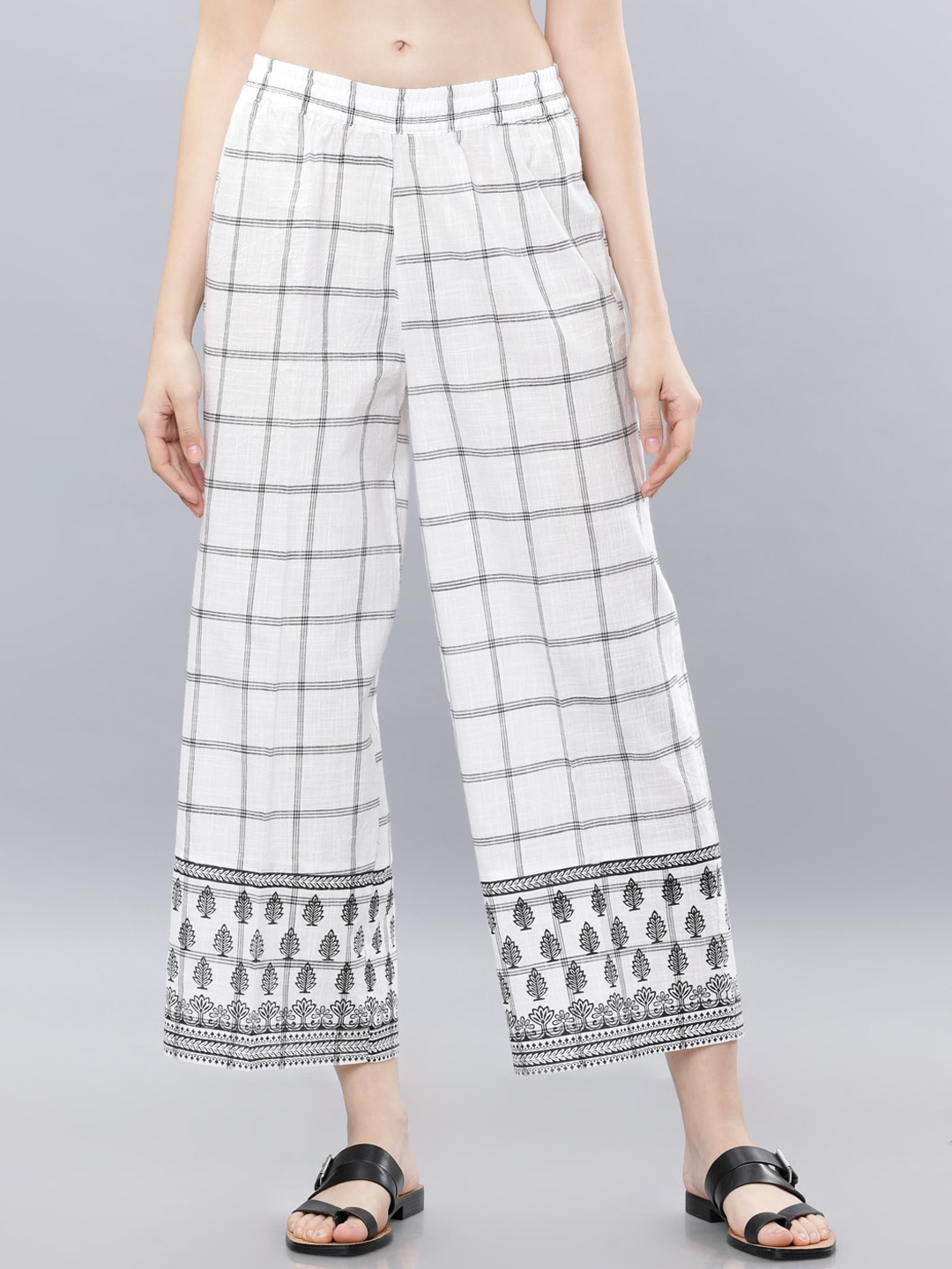 

Vishudh Women Off-White & Black Checked Wide Leg Palazzos