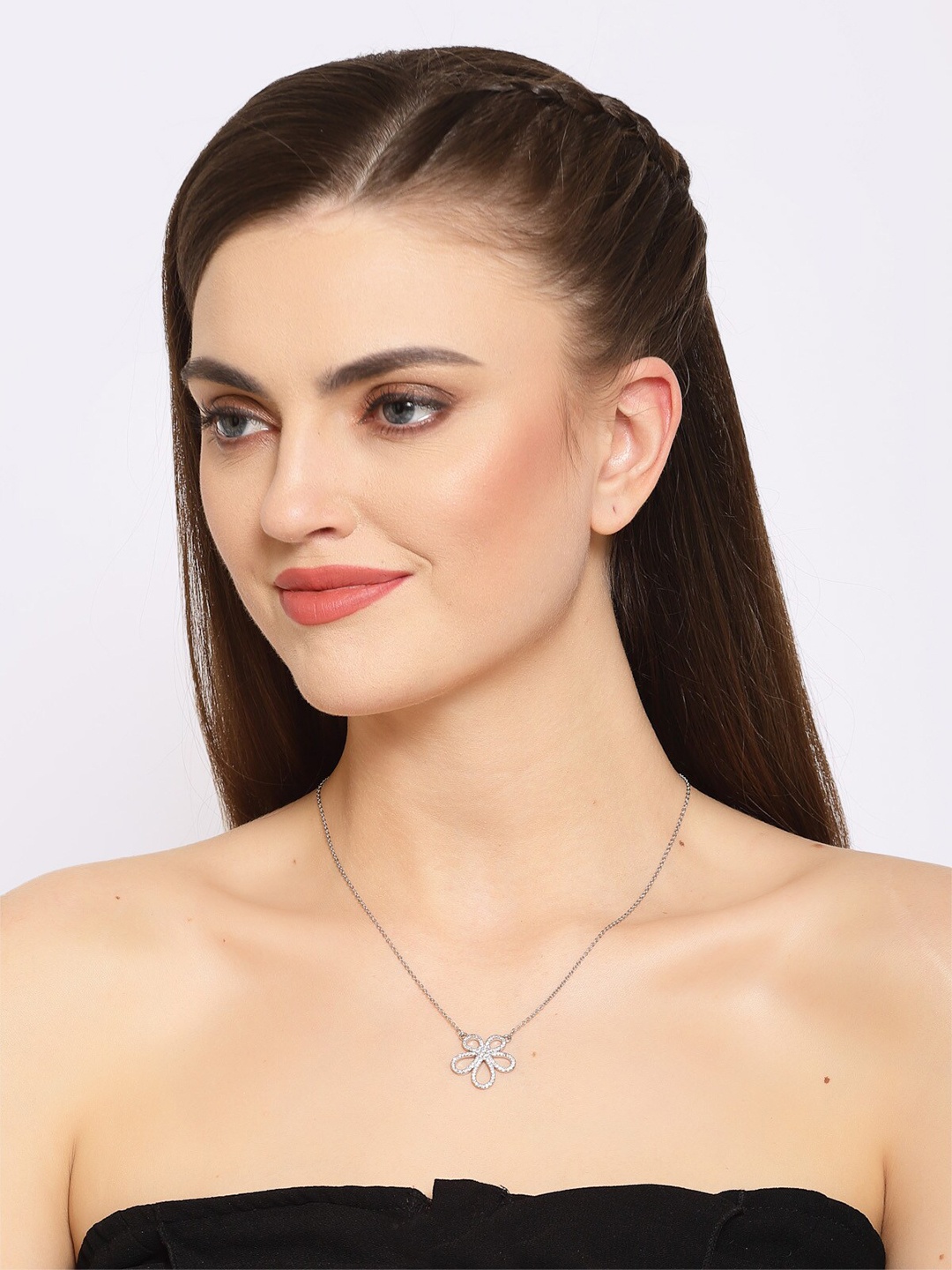 

AVANT-GARDE PARIS Rhodium-Plated & Silver-Toned CZ-Studded Floral Pendant With Chain