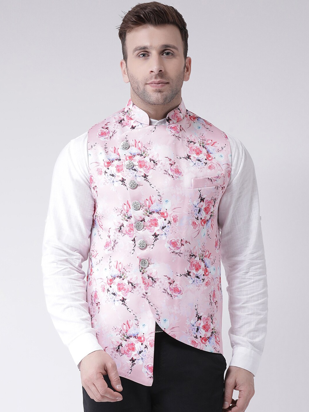

Hangup Men Pink Printed Nehru Jacket