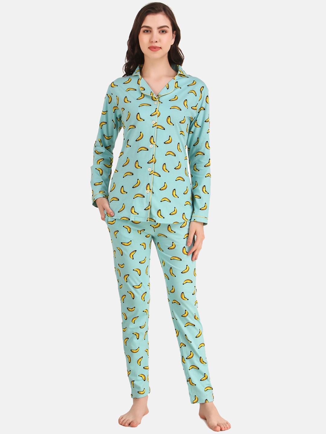 

Masha Women Blue & Yellow Printed Night suit